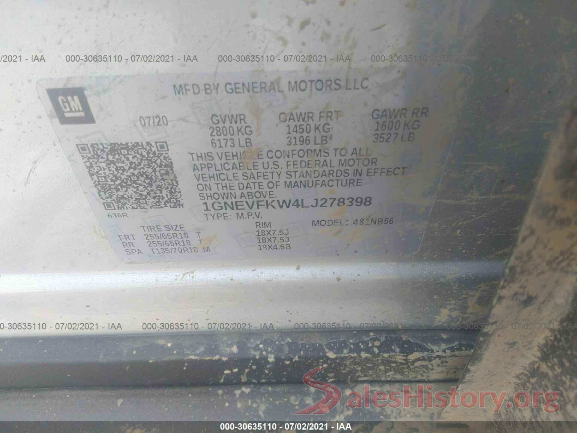 1GNEVFKW4LJ278398 2020 CHEVROLET TRAVERSE