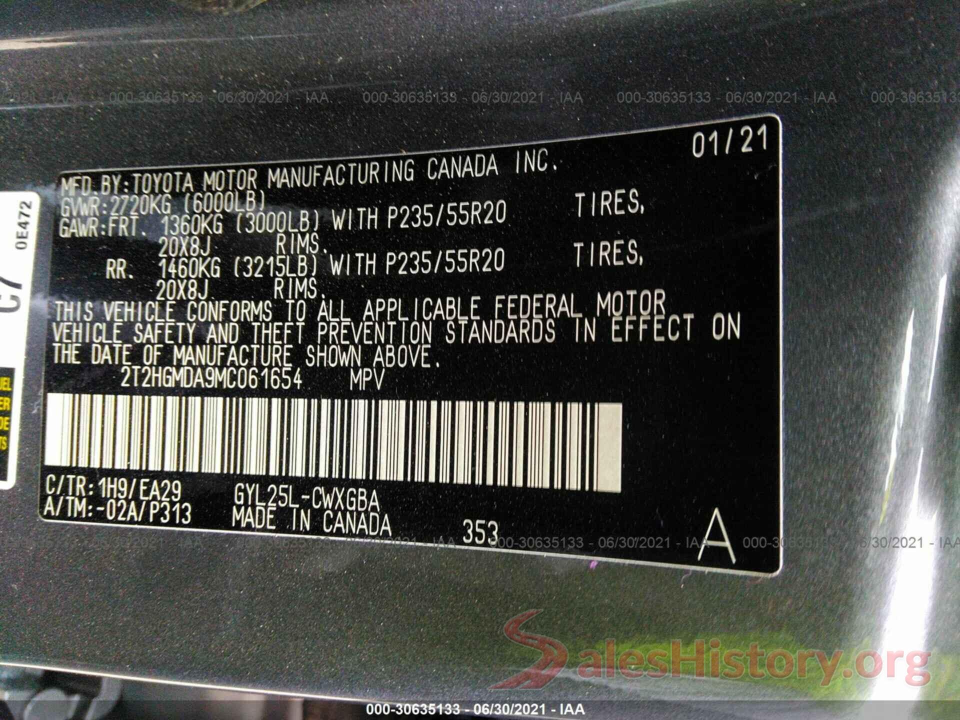 2T2HGMDA9MC061654 2021 LEXUS RX