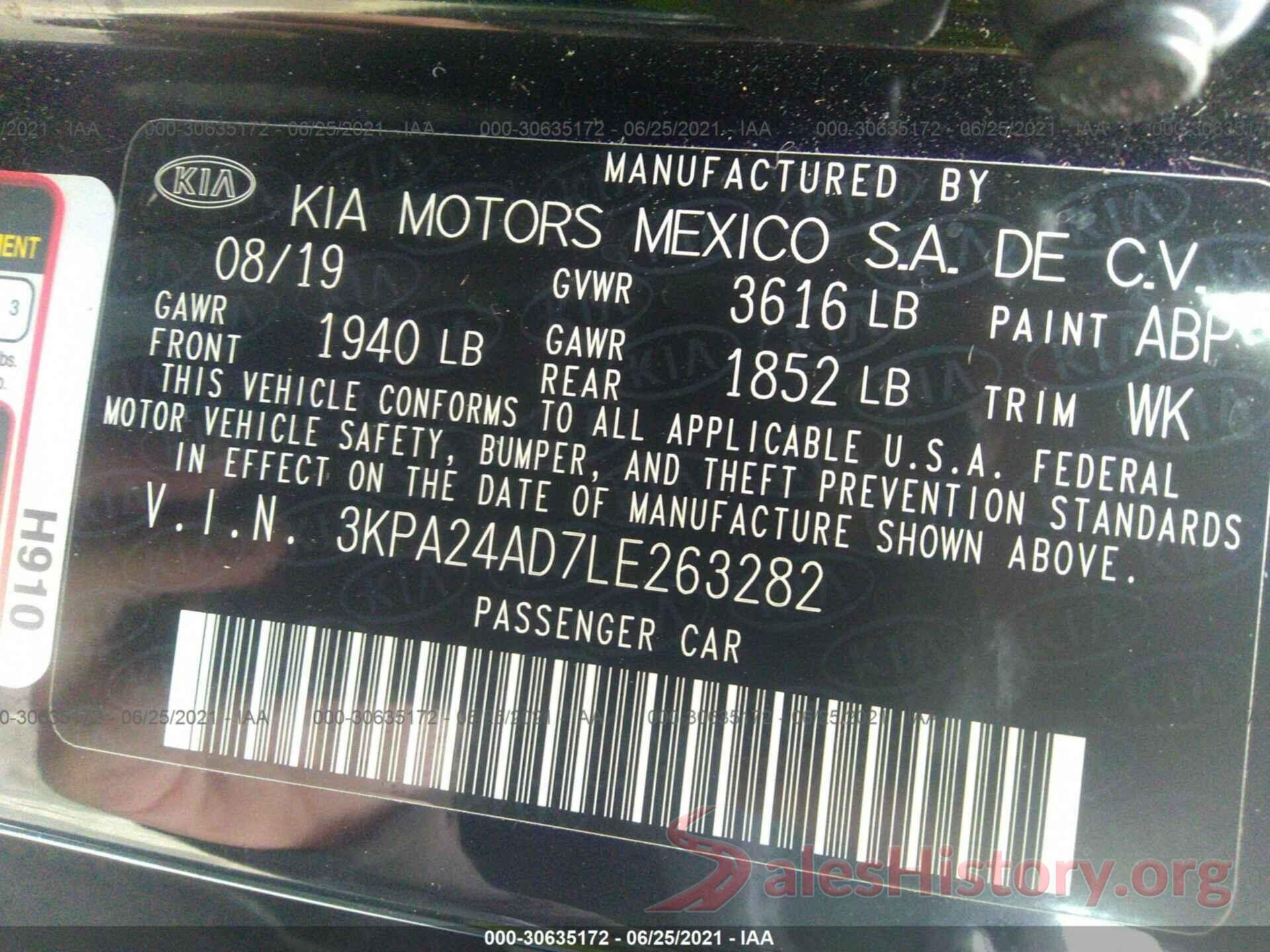 3KPA24AD7LE263282 2020 KIA RIO