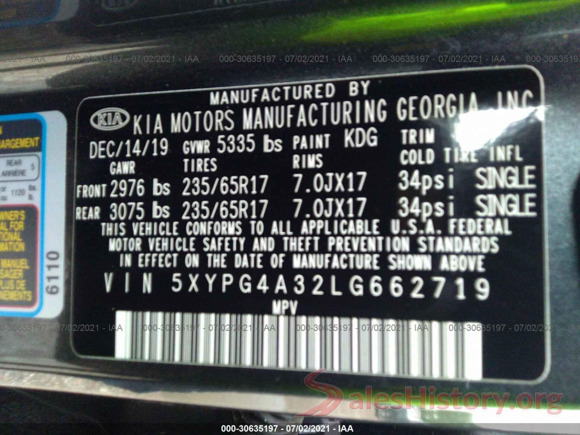 5XYPG4A32LG662719 2020 KIA SORENTO