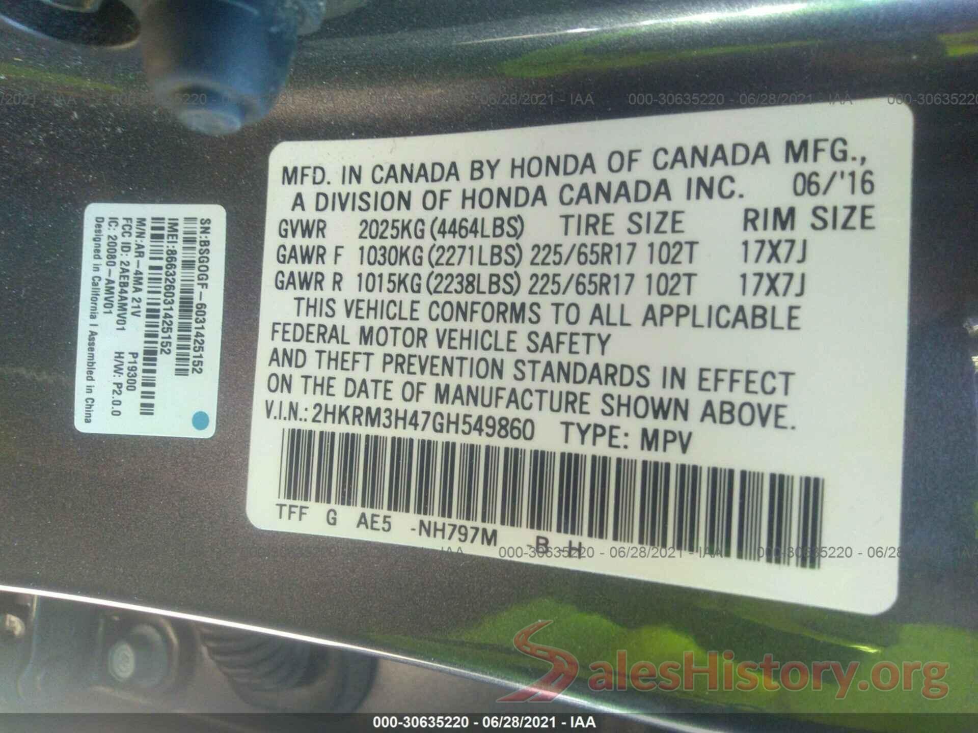 2HKRM3H47GH549860 2016 HONDA CR-V