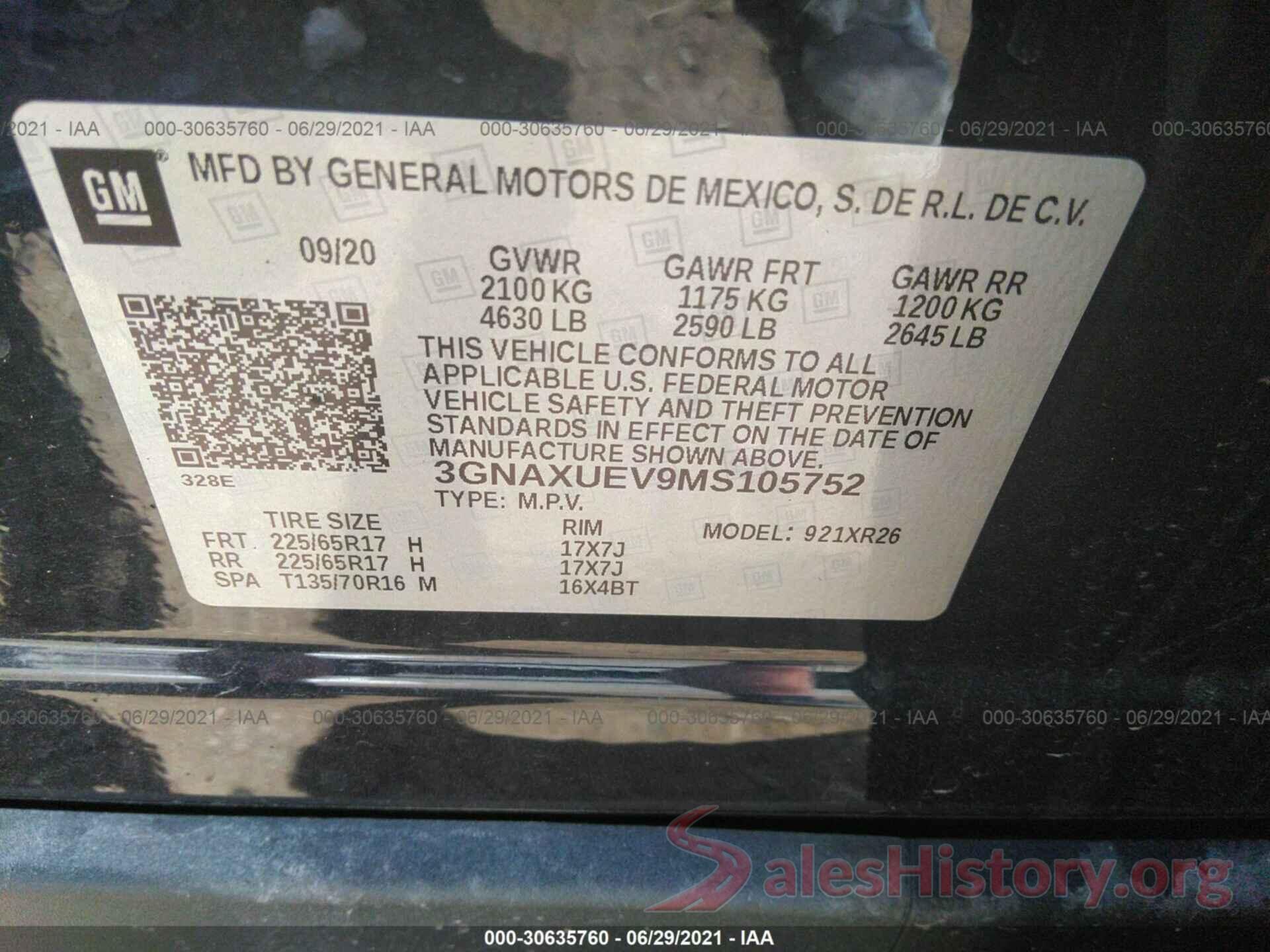 3GNAXUEV9MS105752 2021 CHEVROLET EQUINOX