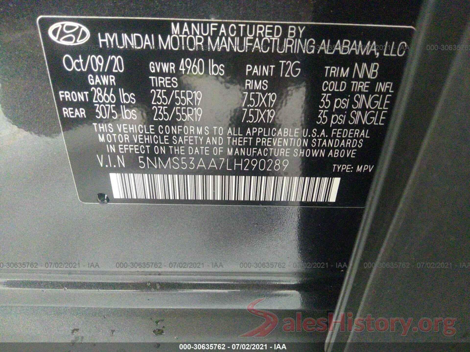 5NMS53AA7LH290289 2020 HYUNDAI SANTA FE