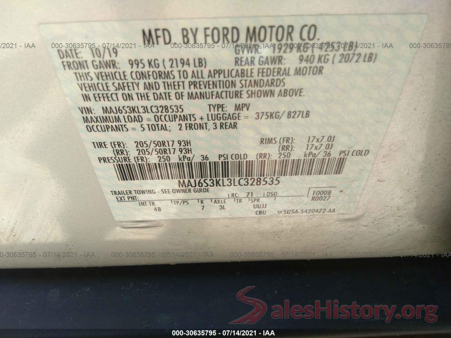 MAJ6S3KL3LC328535 2020 FORD ECOSPORT