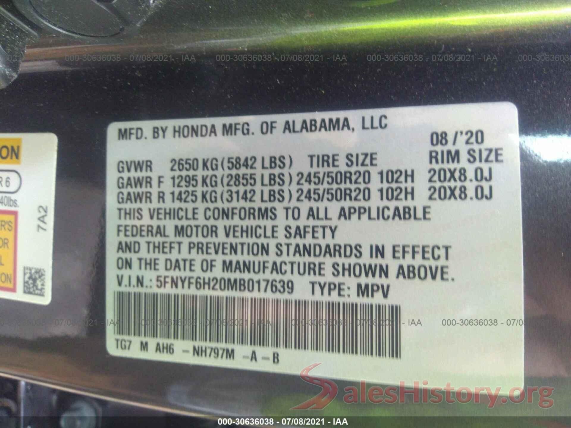 5FNYF6H20MB017639 2021 HONDA PILOT