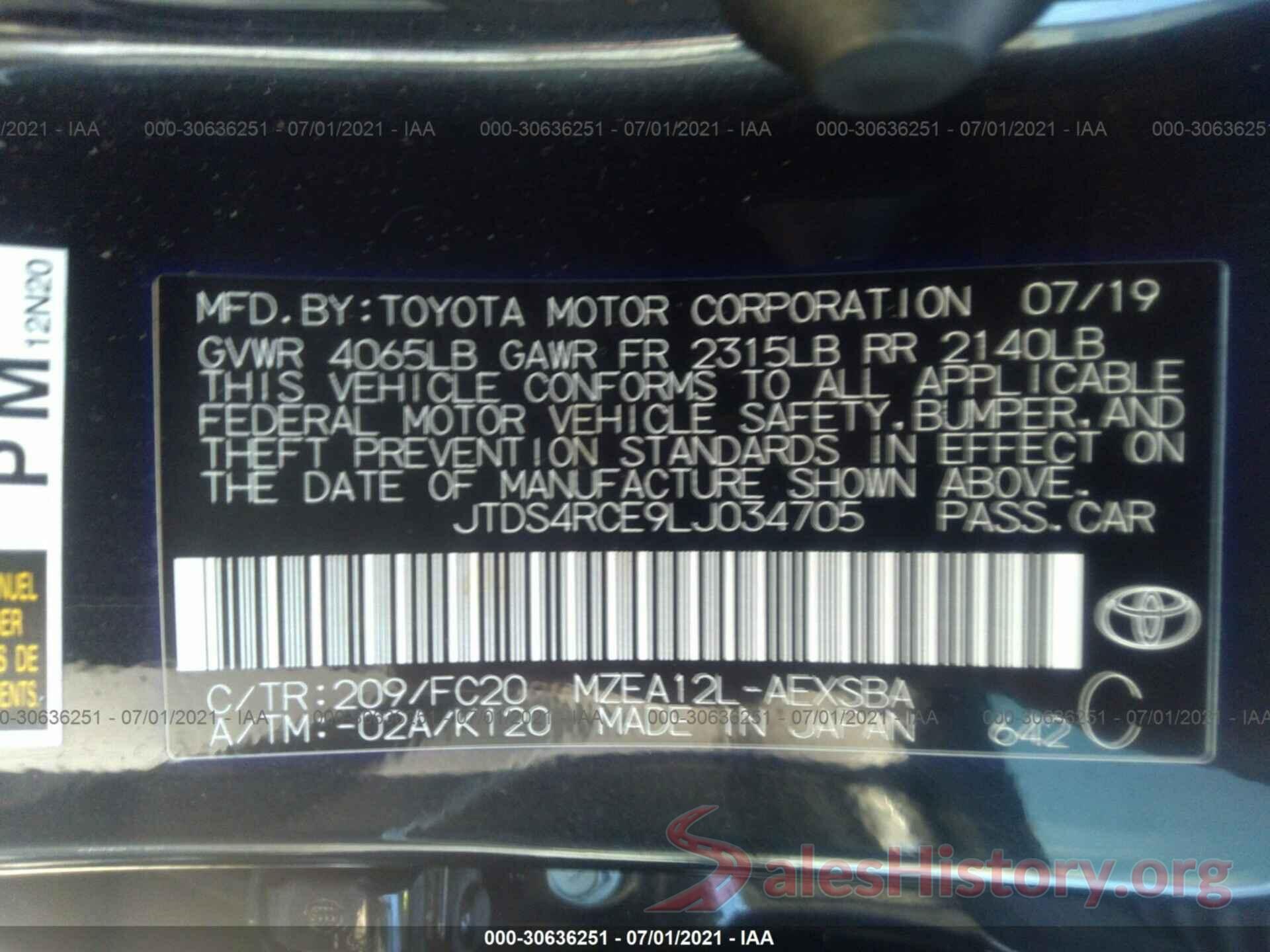 JTDS4RCE9LJ034705 2020 TOYOTA COROLLA