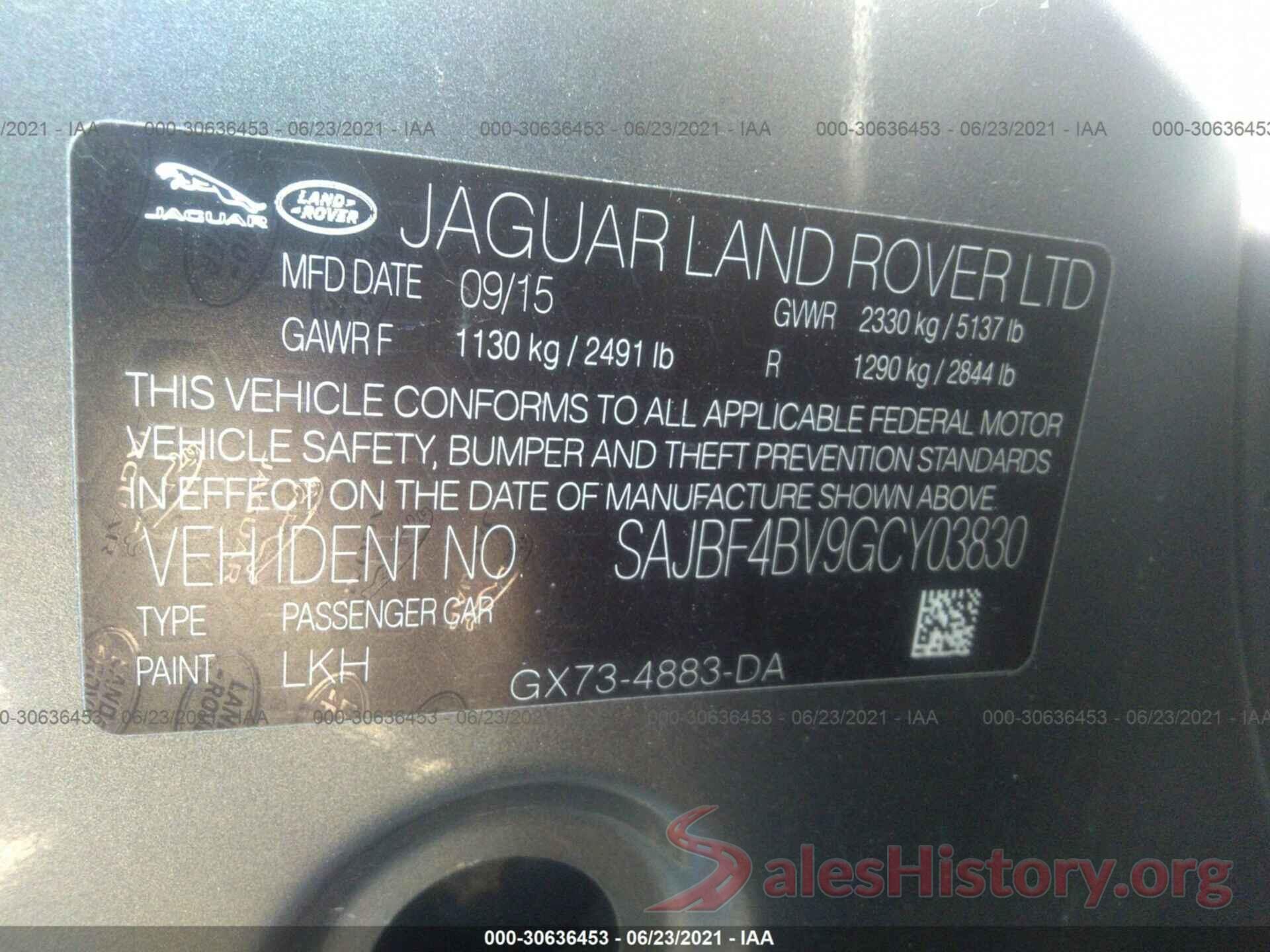 SAJBF4BV9GCY03830 2016 JAGUAR XF