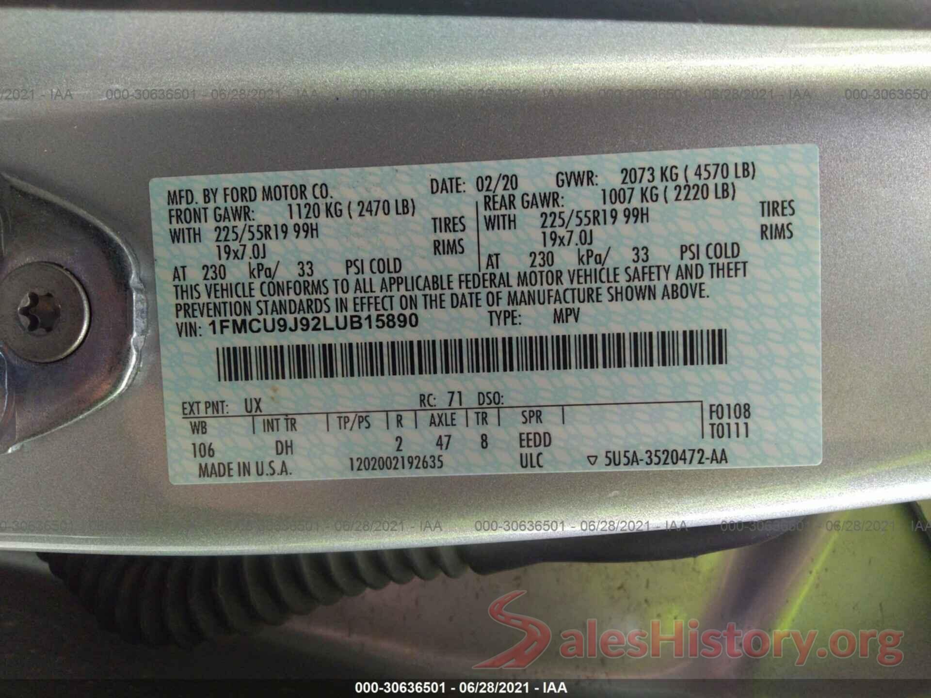 1FMCU9J92LUB15890 2020 FORD ESCAPE