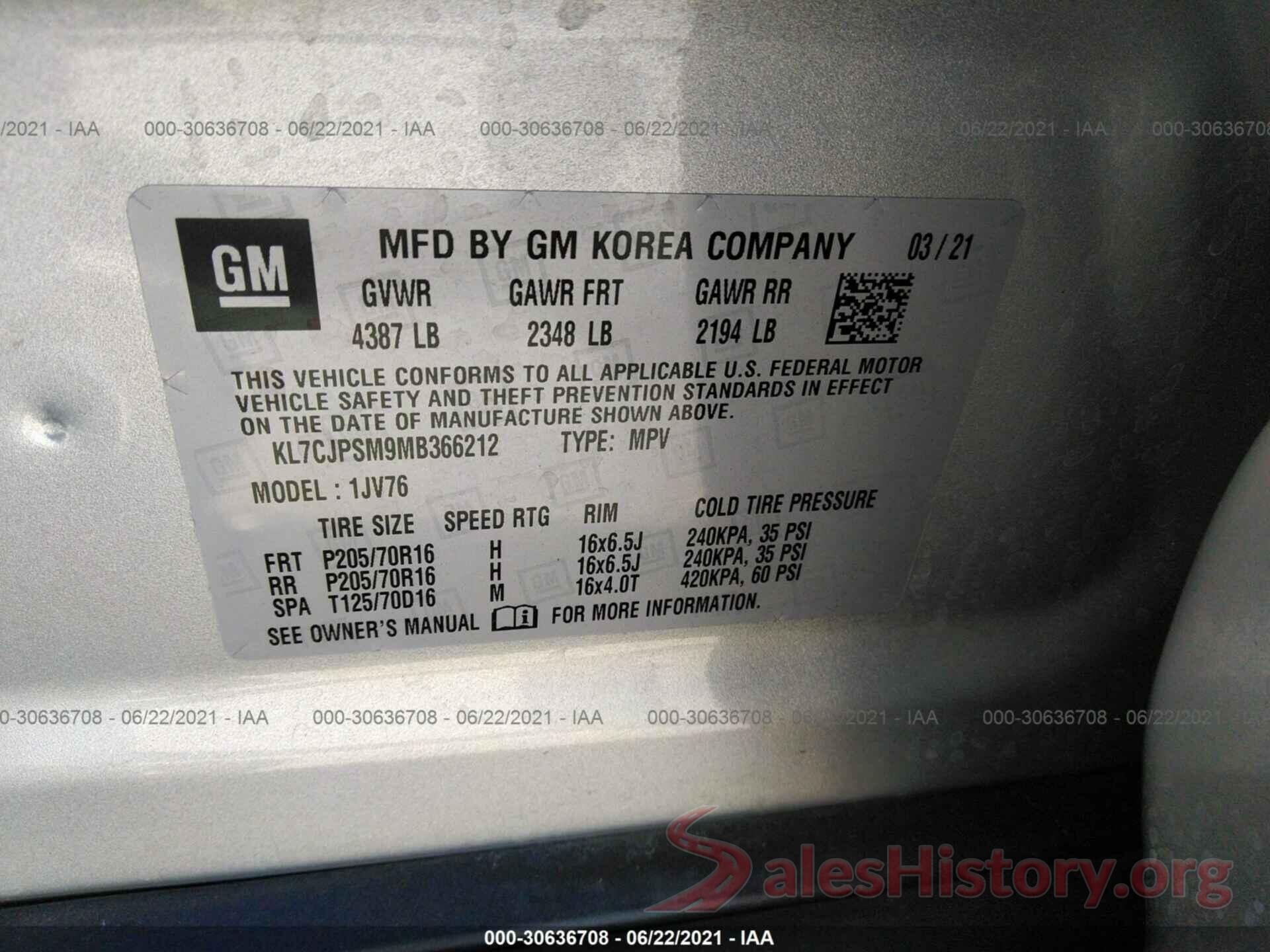 KL7CJPSM9MB366212 2021 CHEVROLET TRAX