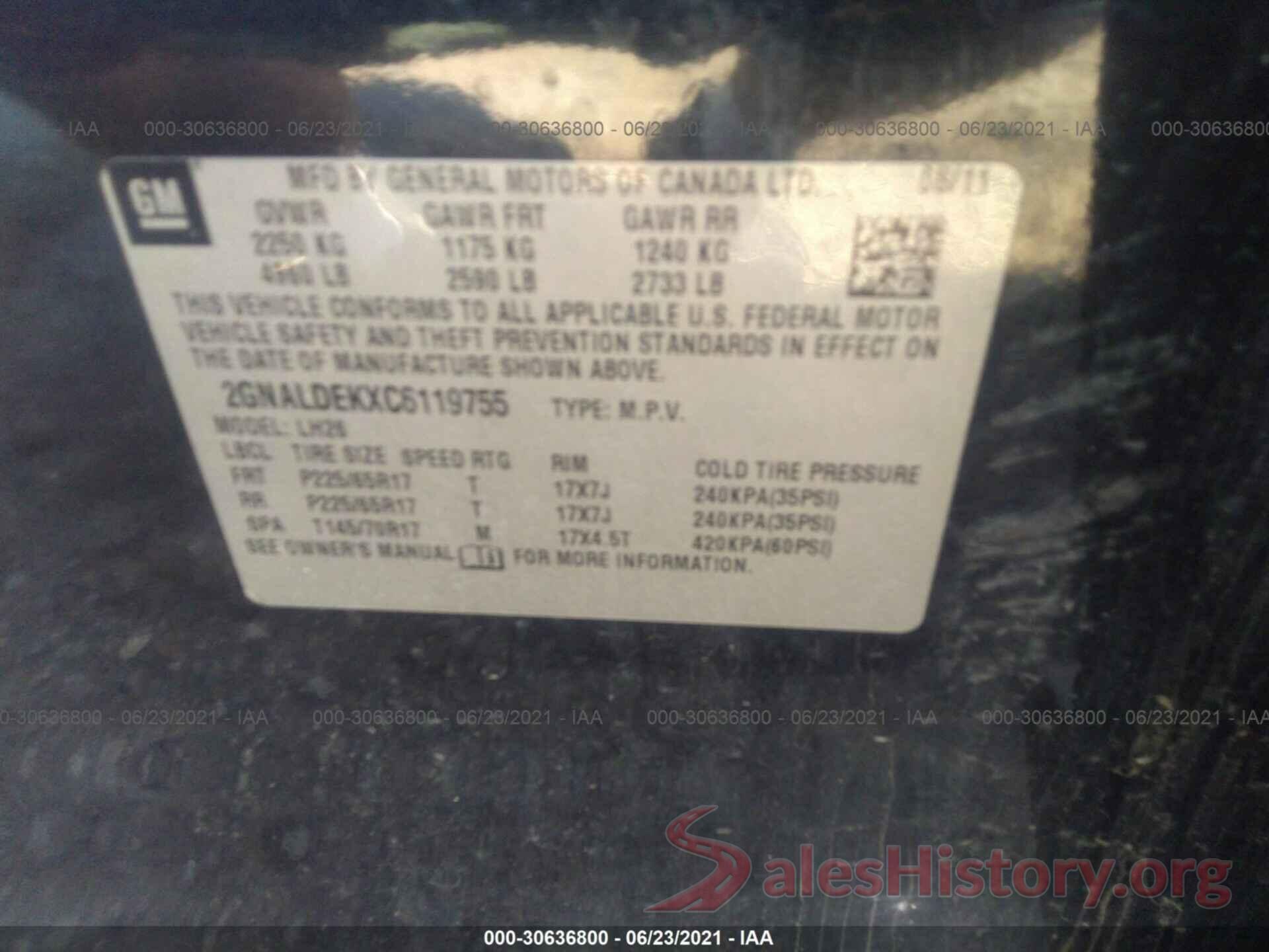 1HGCR2F1XHA047364 2012 CHEVROLET EQUINOX