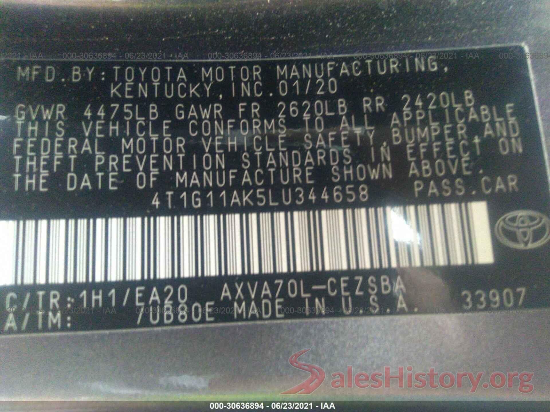 4T1G11AK5LU344658 2020 TOYOTA CAMRY