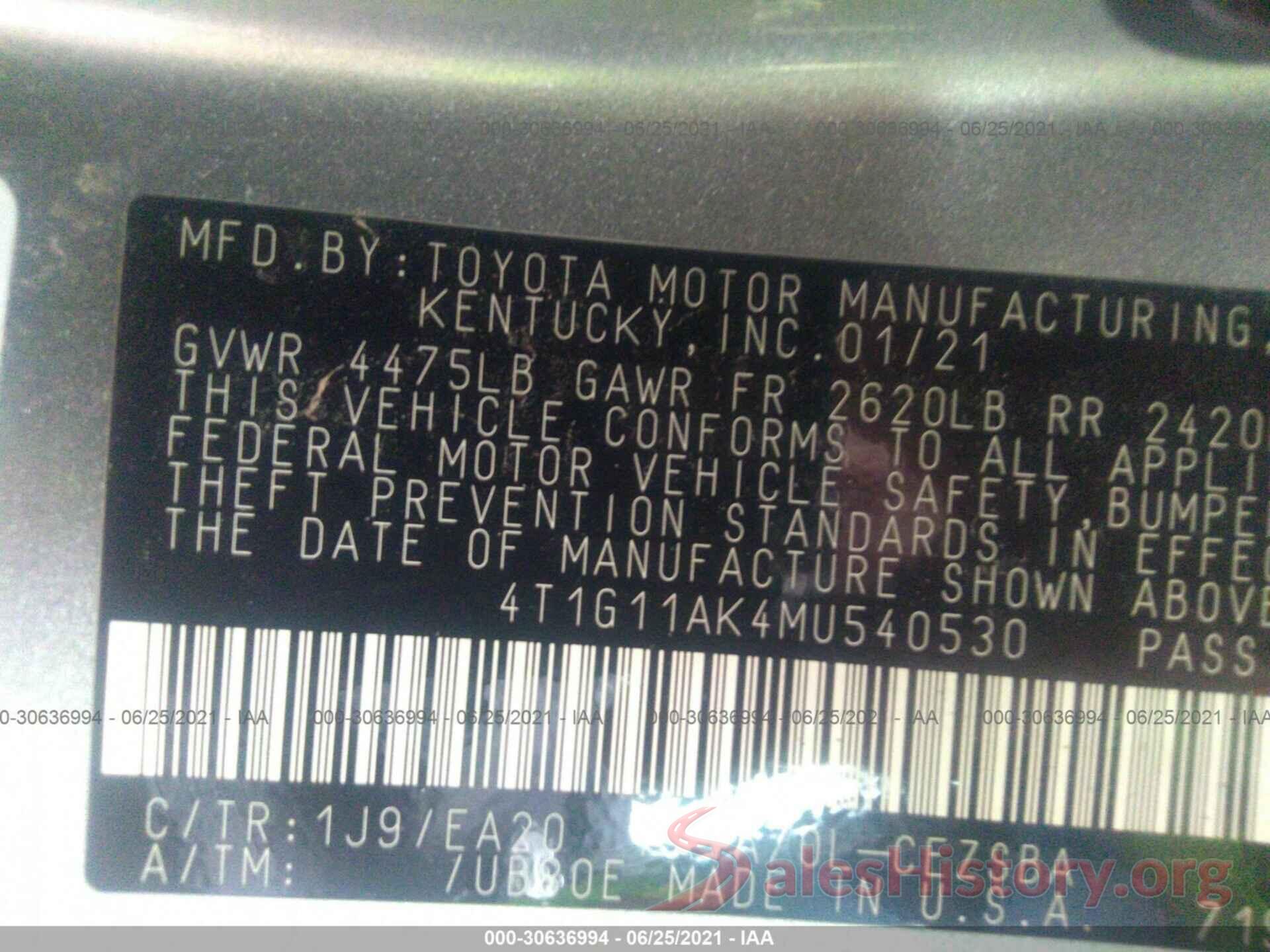 4T1G11AK4MU540530 2021 TOYOTA CAMRY