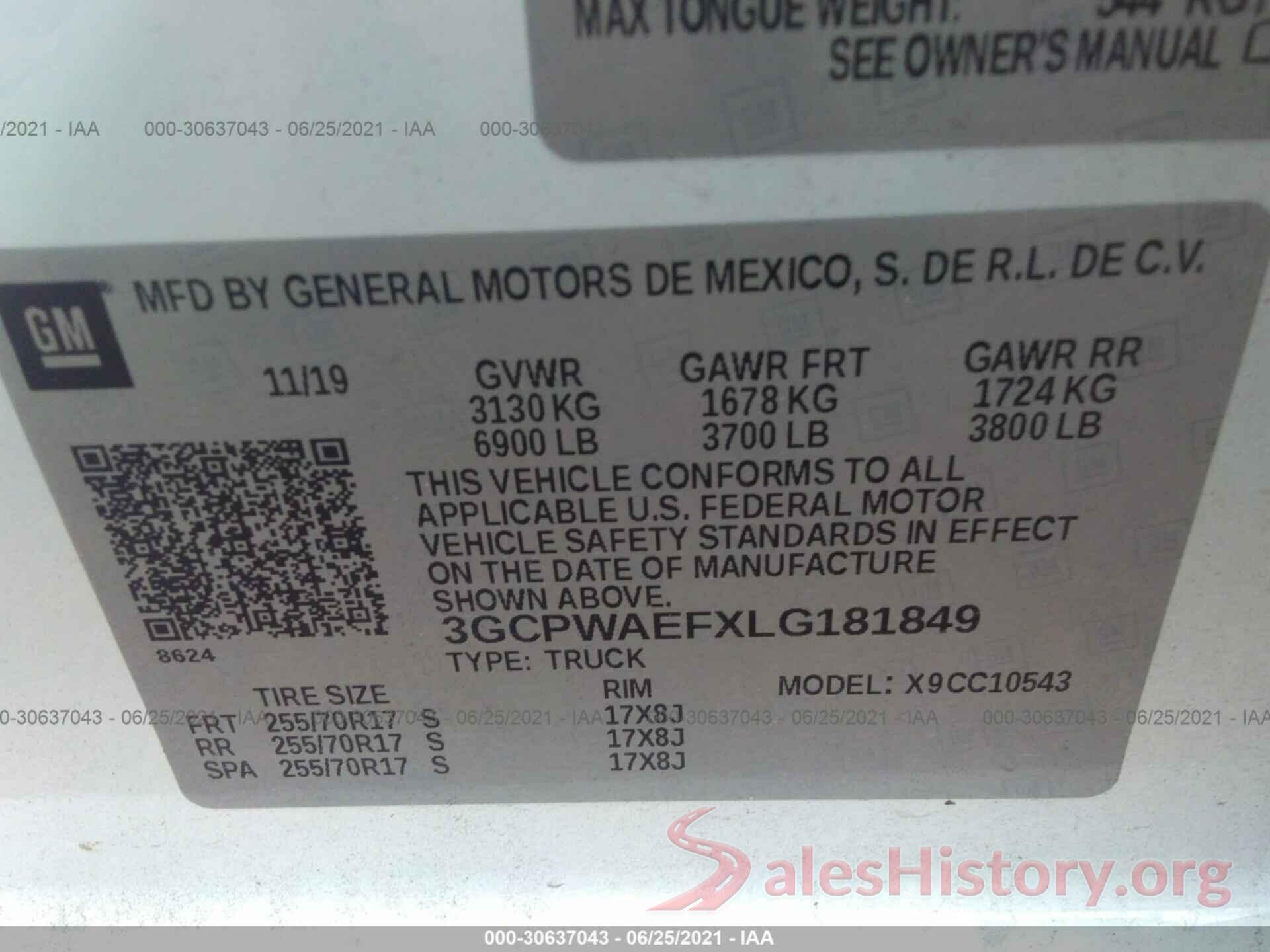 3GCPWAEFXLG181849 2020 CHEVROLET SILVERADO 1500