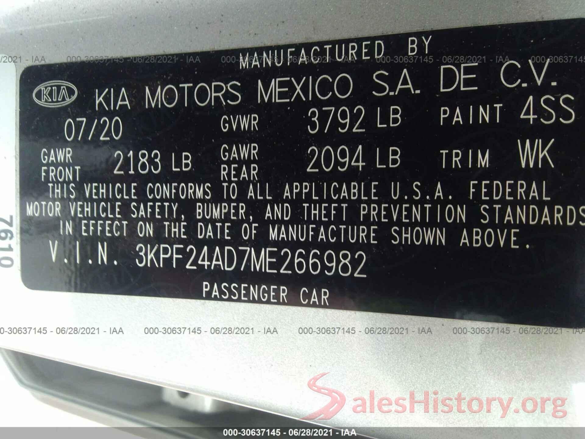 3KPF24AD7ME266982 2021 KIA FORTE