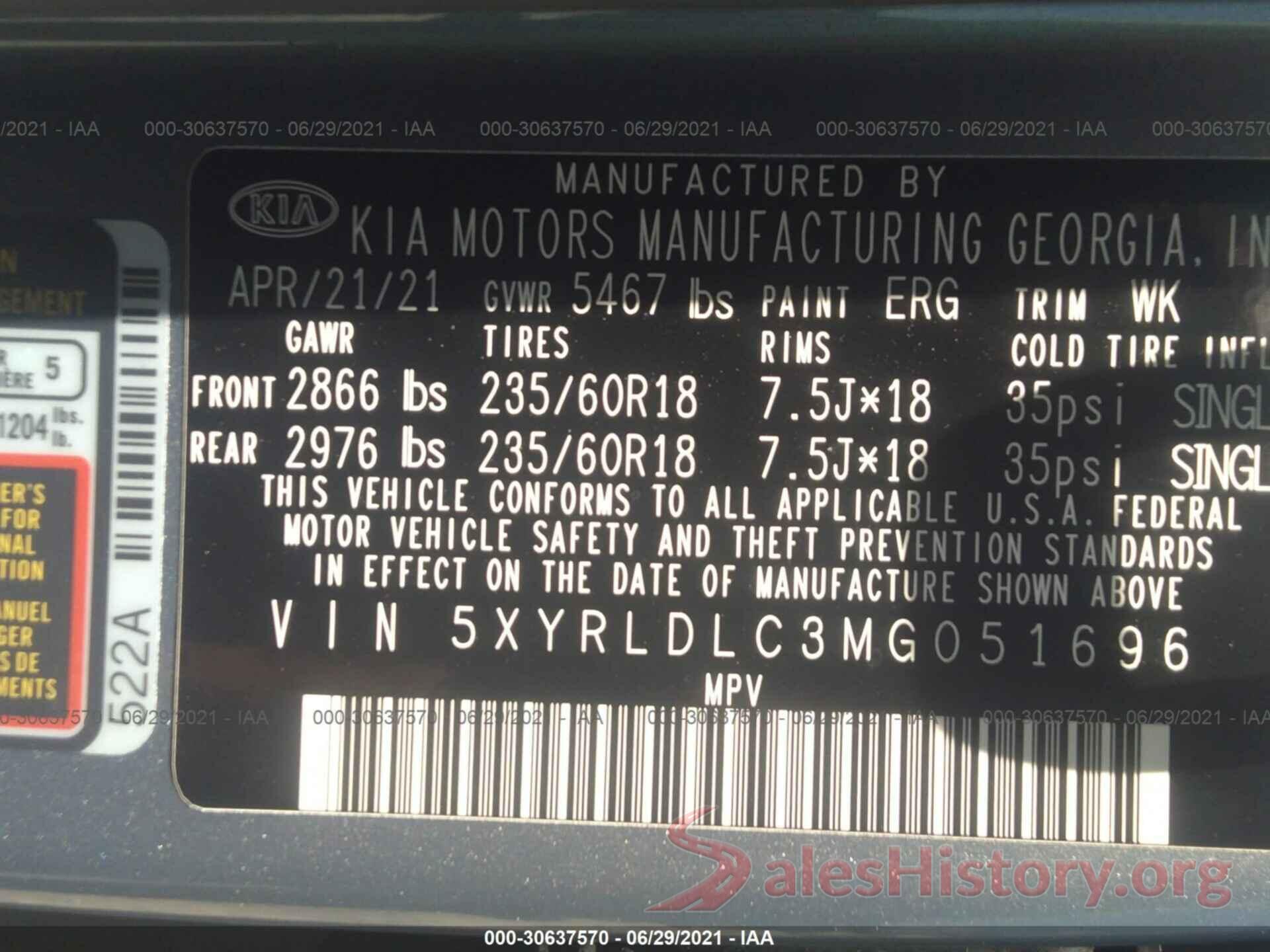 5XYRLDLC3MG051696 2021 KIA SORENTO