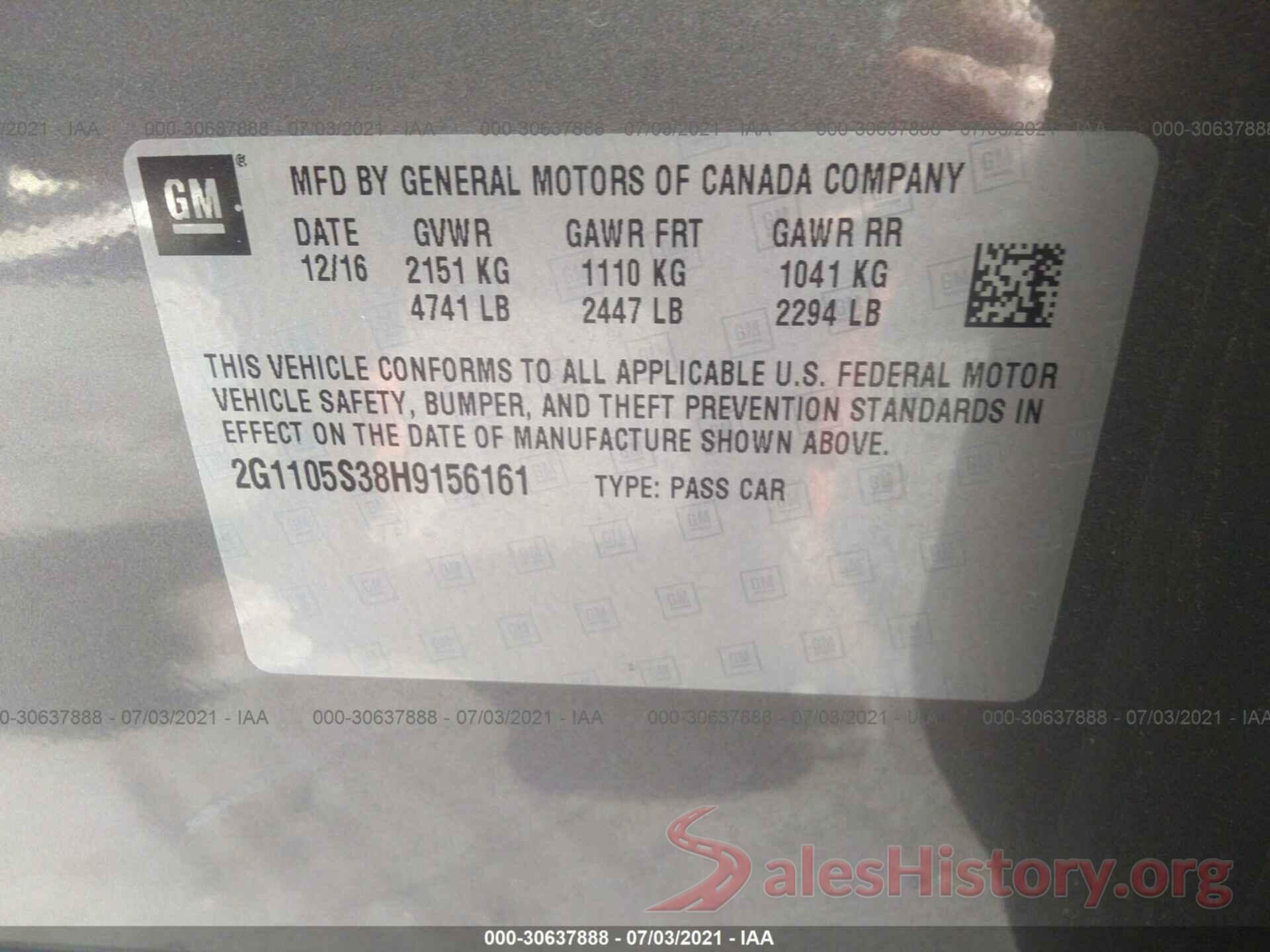 2G1105S38H9156161 2017 CHEVROLET IMPALA