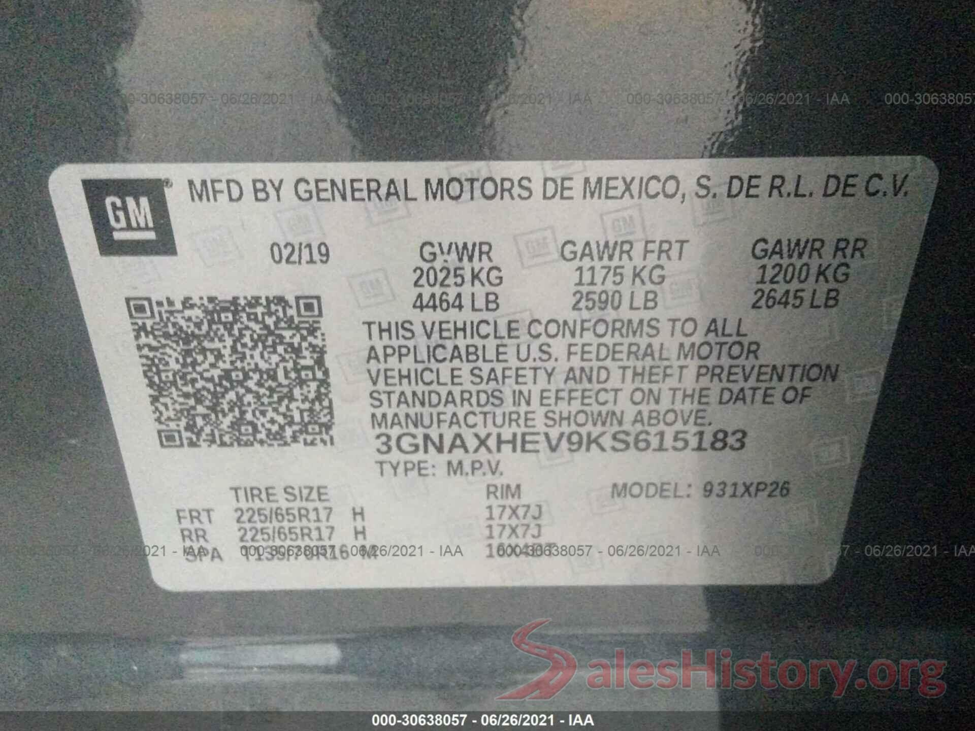 3GNAXHEV9KS615183 2019 CHEVROLET EQUINOX