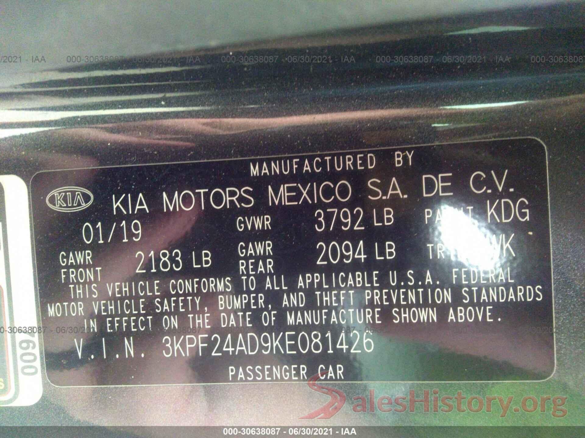 3KPF24AD9KE081426 2019 KIA FORTE