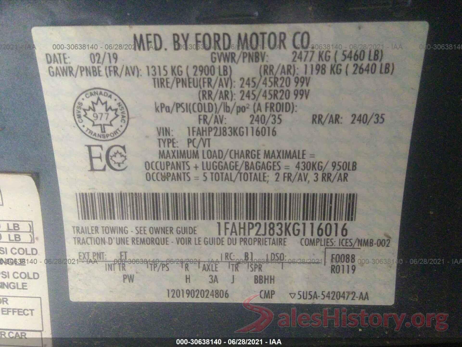 1FAHP2J83KG116016 2019 FORD TAURUS