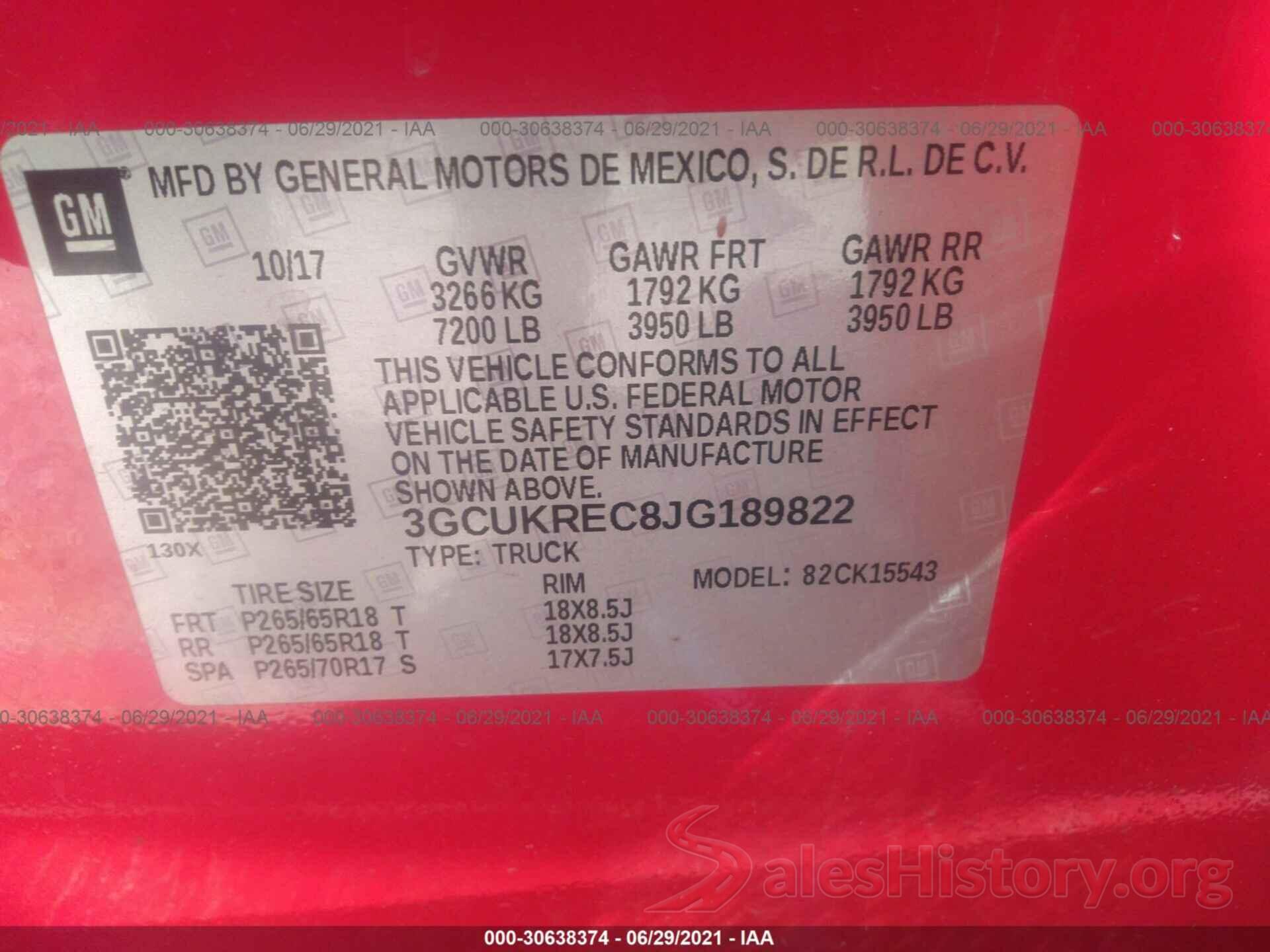 3GCUKREC8JG189822 2018 CHEVROLET SILVERADO 1500