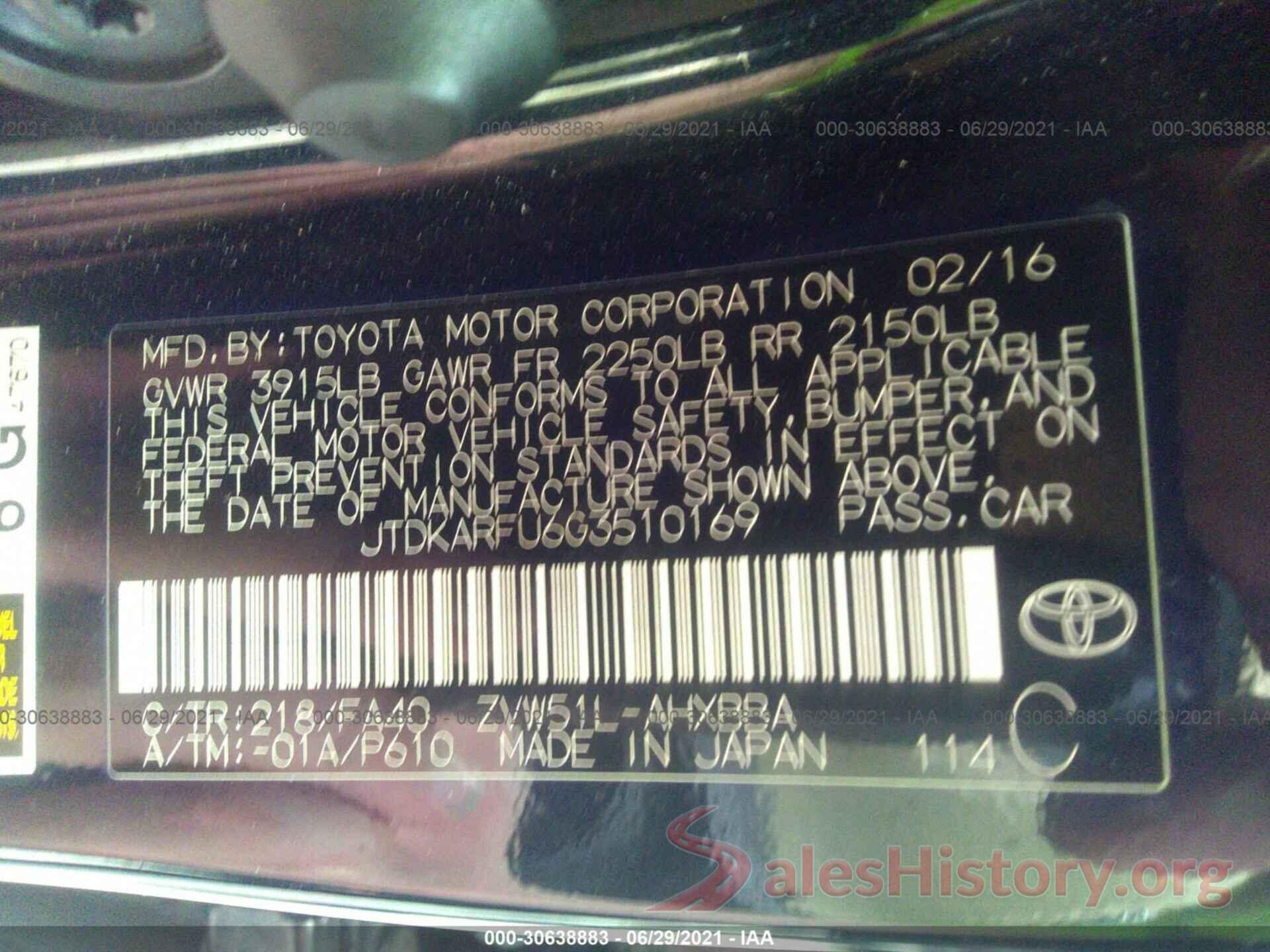 JTDKARFU6G3510169 2016 TOYOTA PRIUS