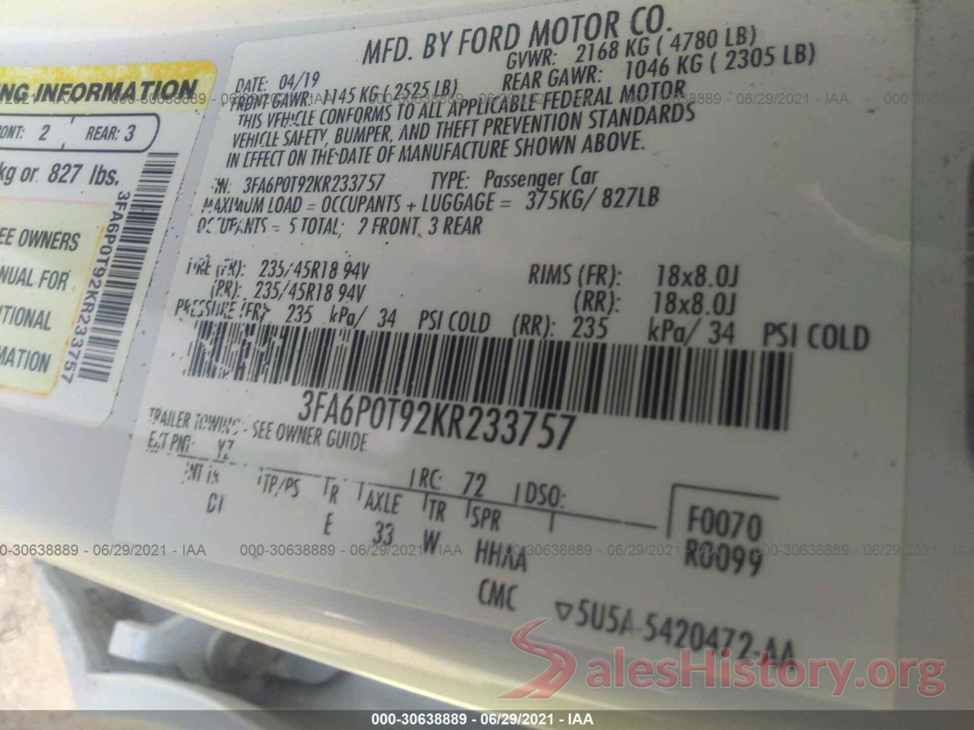 3FA6P0T92KR233757 2019 FORD FUSION