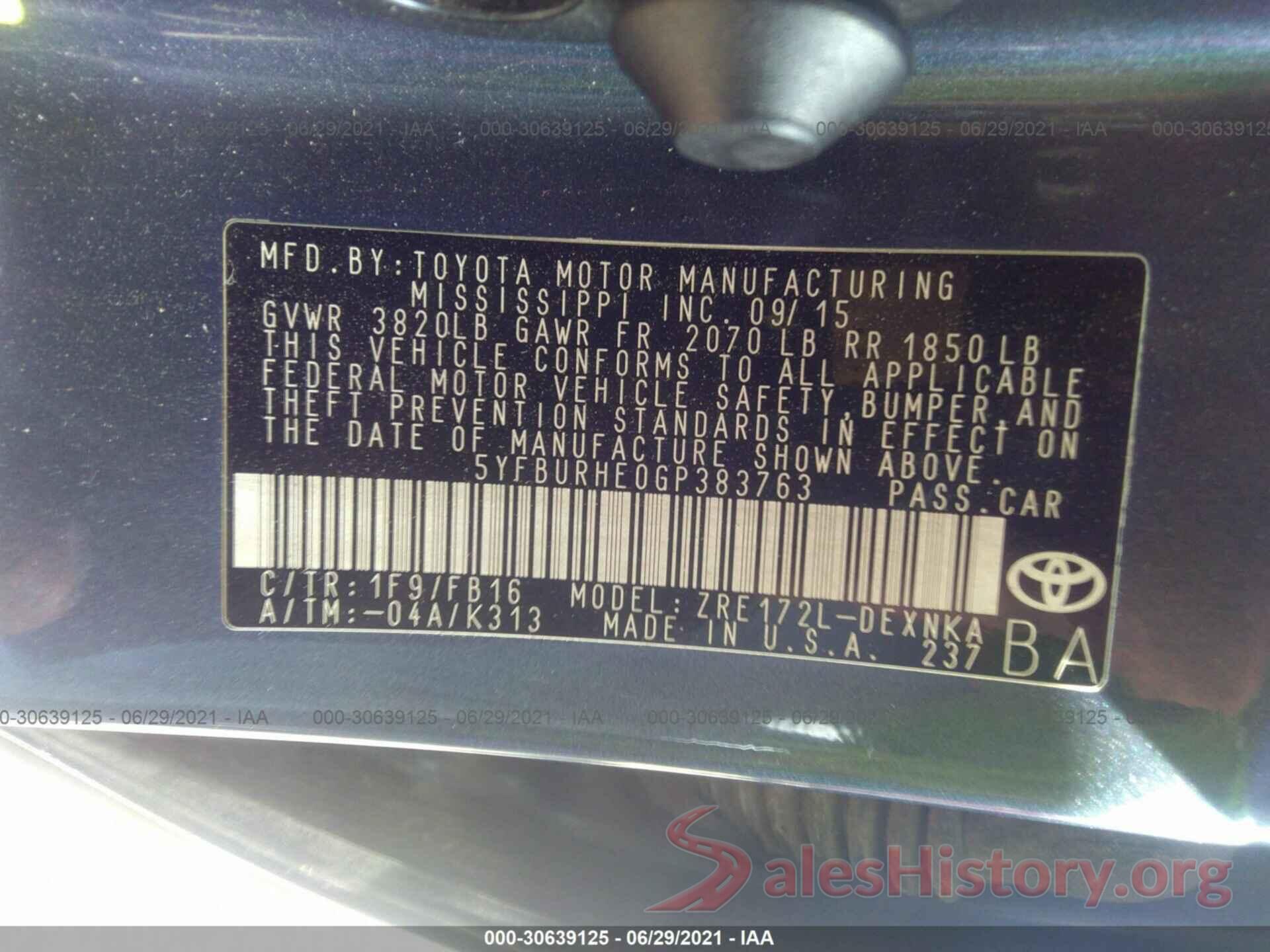 5YFBURHE0GP383763 2016 TOYOTA COROLLA