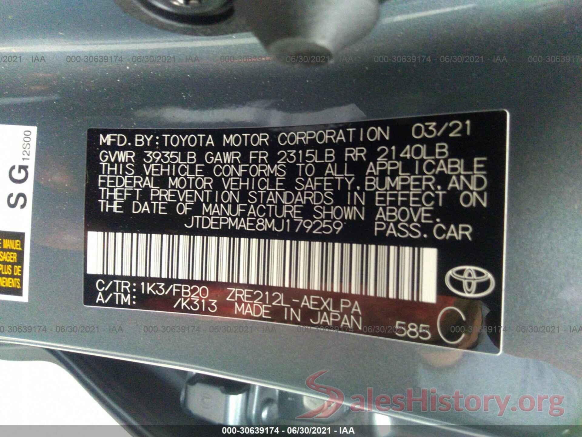 JTDEPMAE8MJ179259 2021 TOYOTA COROLLA