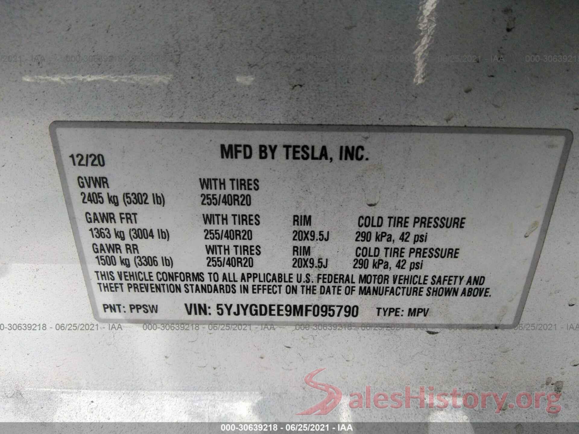 5YJYGDEE9MF095790 2021 TESLA MODEL Y