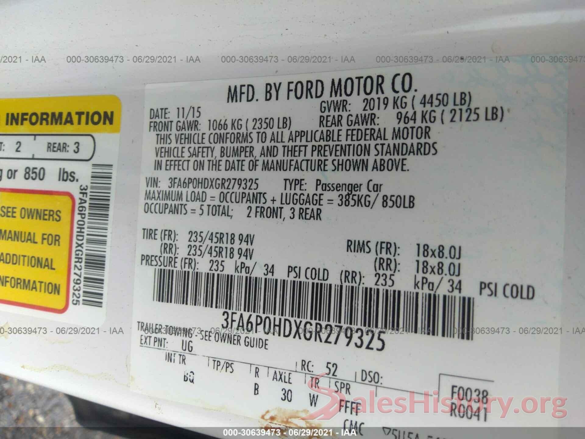 3FA6P0HDXGR279325 2016 FORD FUSION