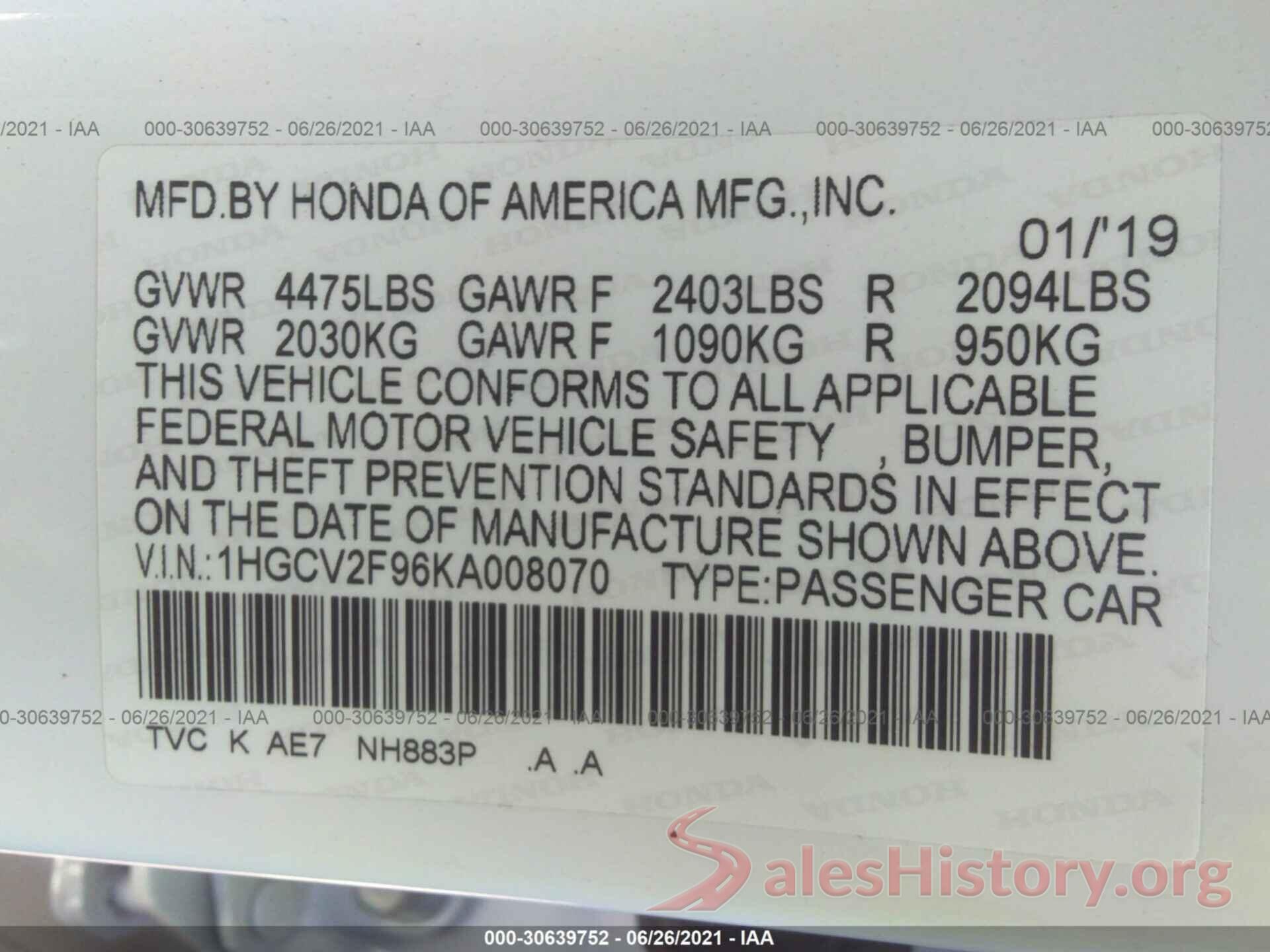 1HGCV2F96KA008070 2019 HONDA ACCORD SEDAN