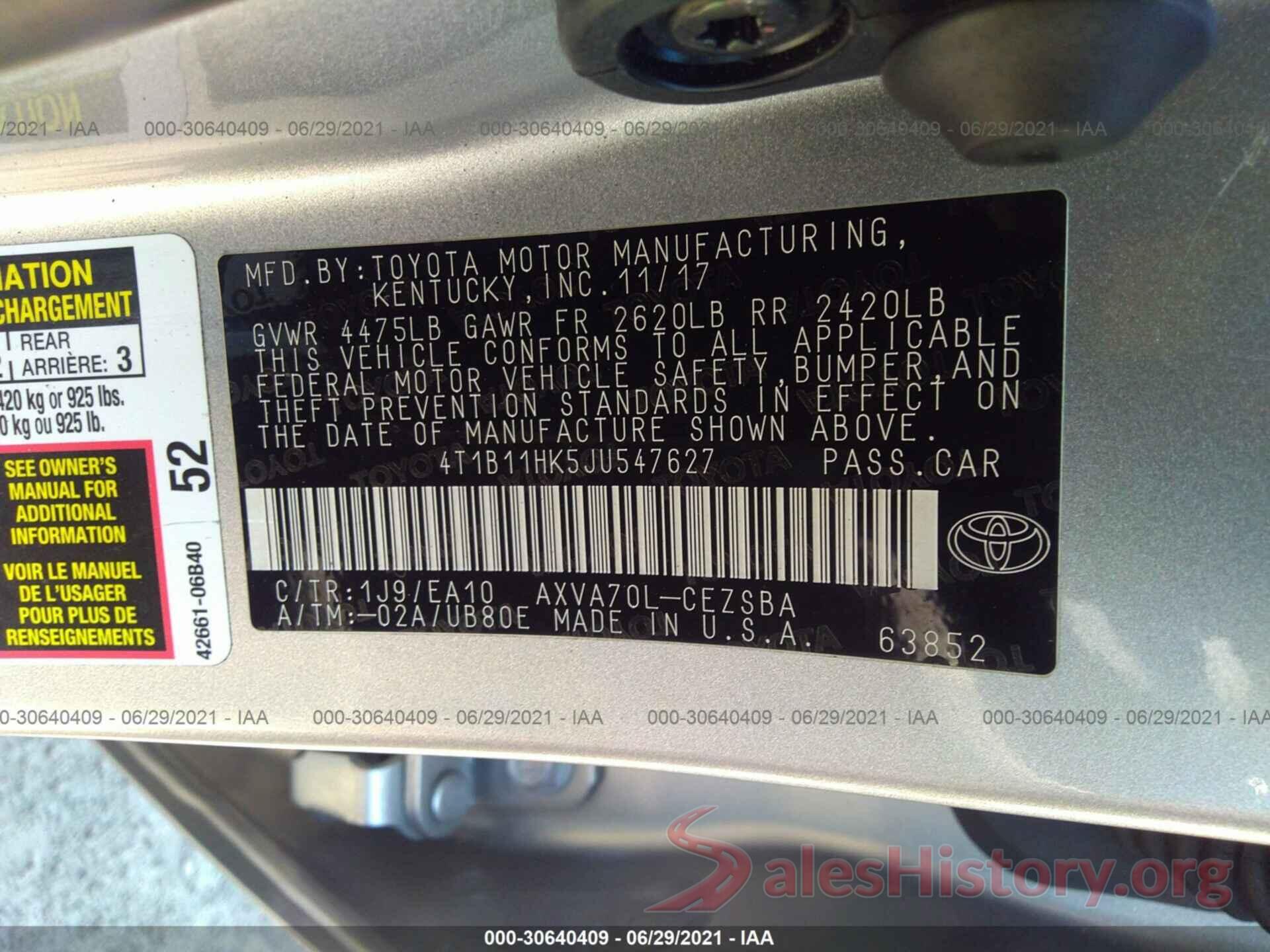 4T1B11HK5JU547627 2018 TOYOTA CAMRY