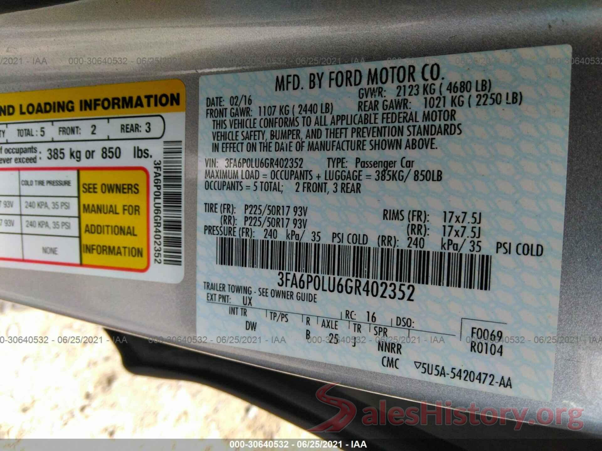 3FA6P0LU6GR402352 2016 FORD FUSION