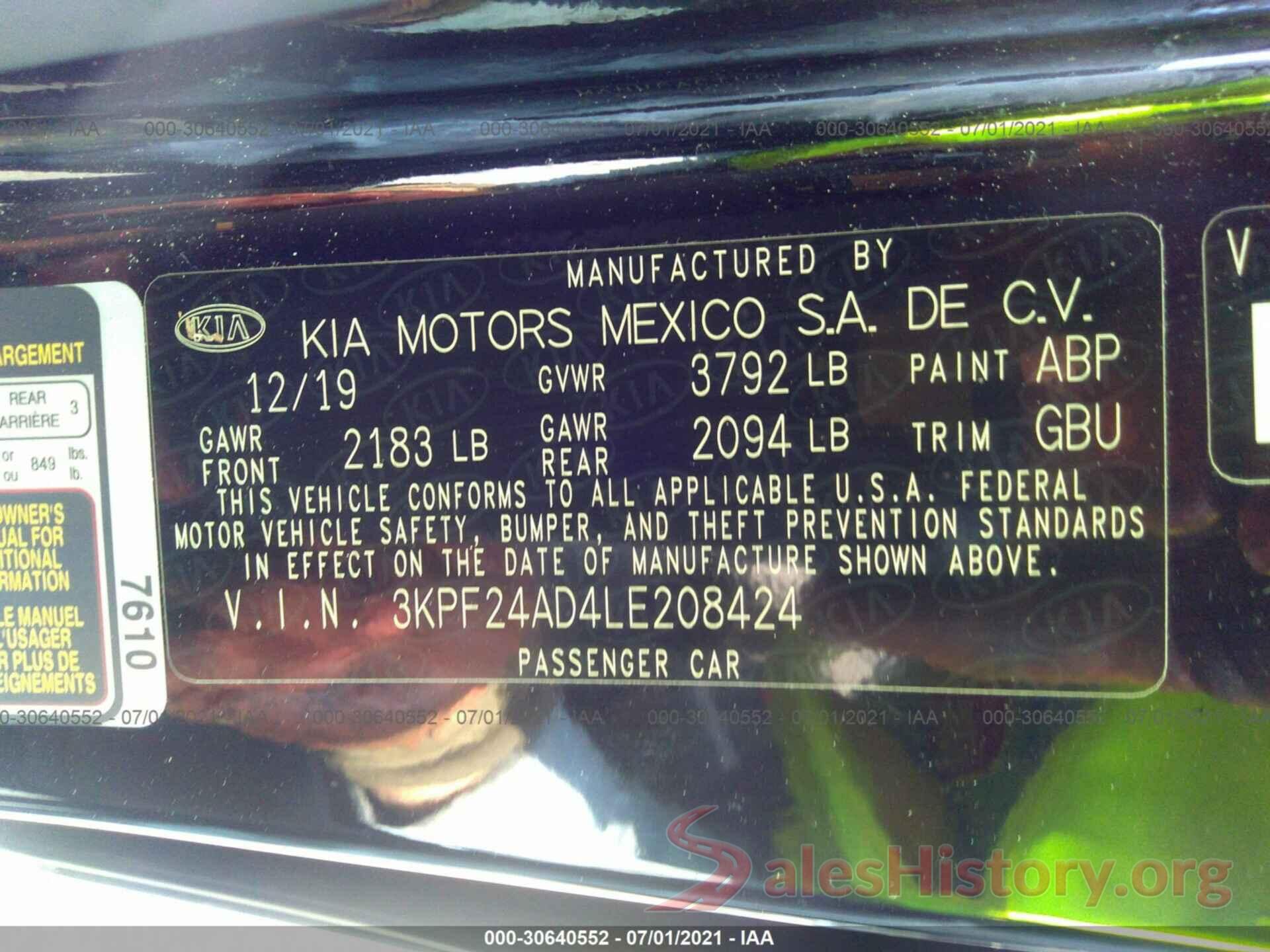 3KPF24AD4LE208424 2020 KIA FORTE