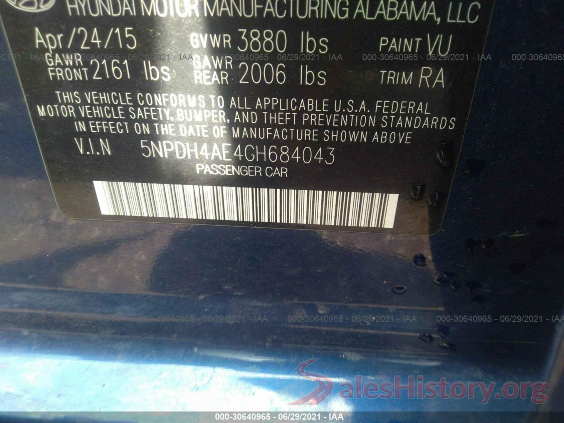 5NPDH4AE4GH684043 2016 HYUNDAI ELANTRA