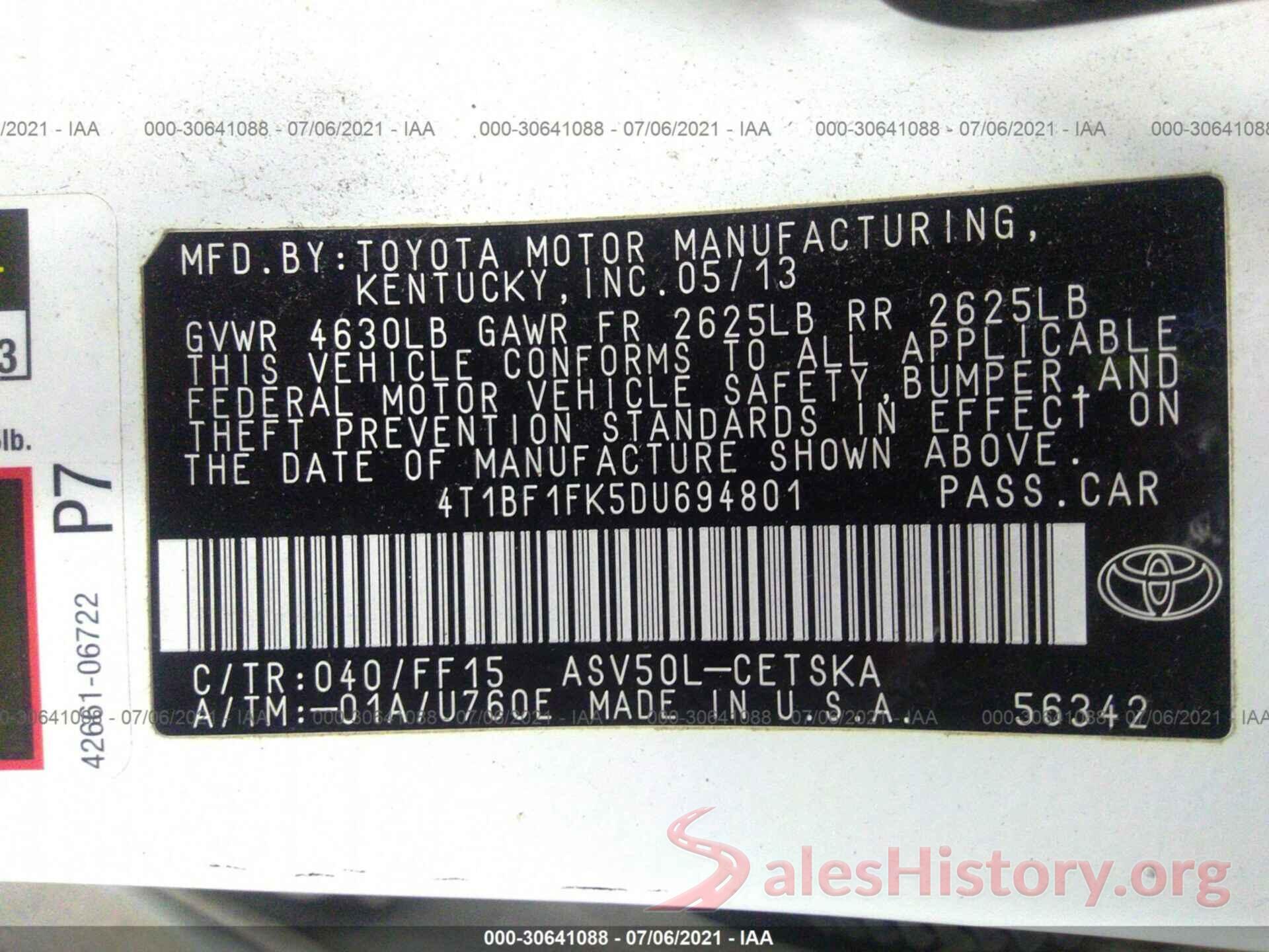 4T1BF1FK5DU694801 2013 TOYOTA CAMRY