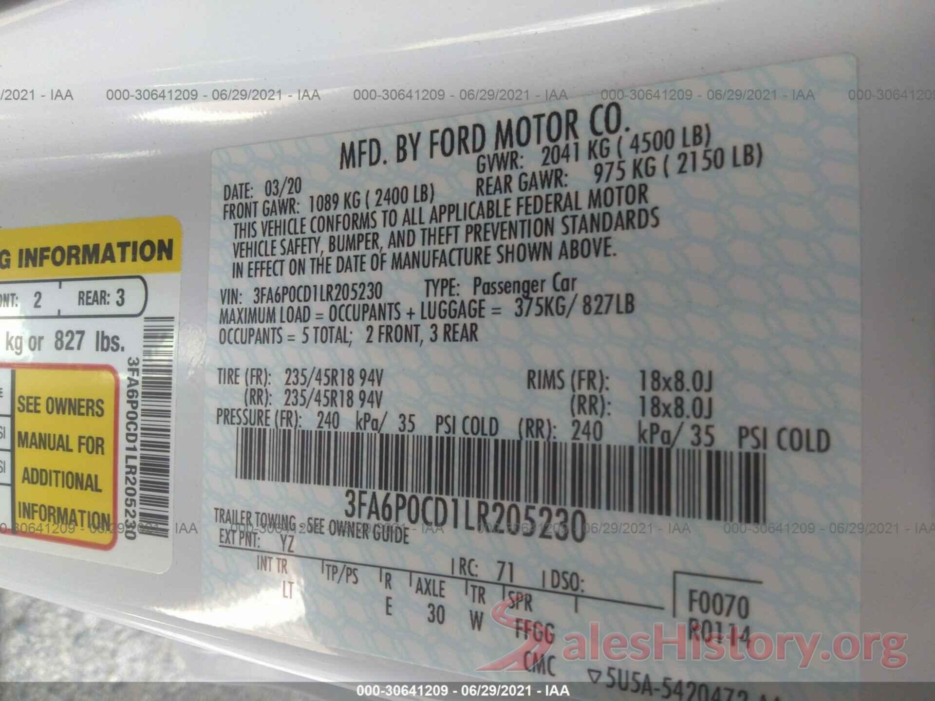 3FA6P0CD1LR205230 2020 FORD FUSION