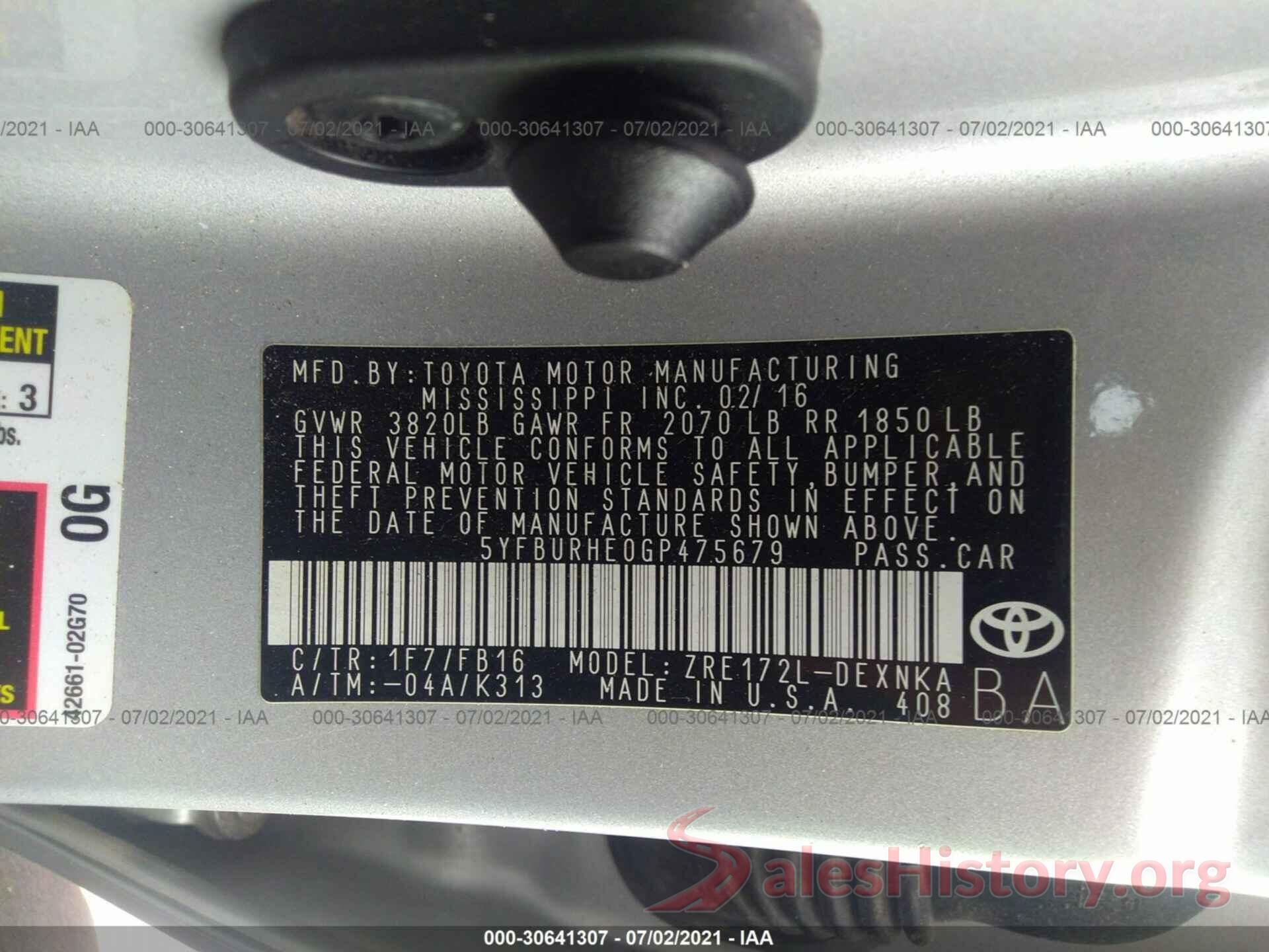 5YFBURHE0GP475679 2016 TOYOTA COROLLA