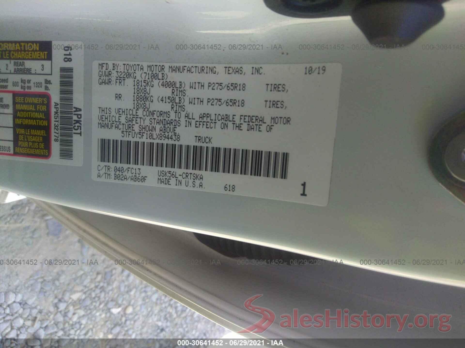 5TFUY5F10LX894438 2020 TOYOTA TUNDRA 4WD