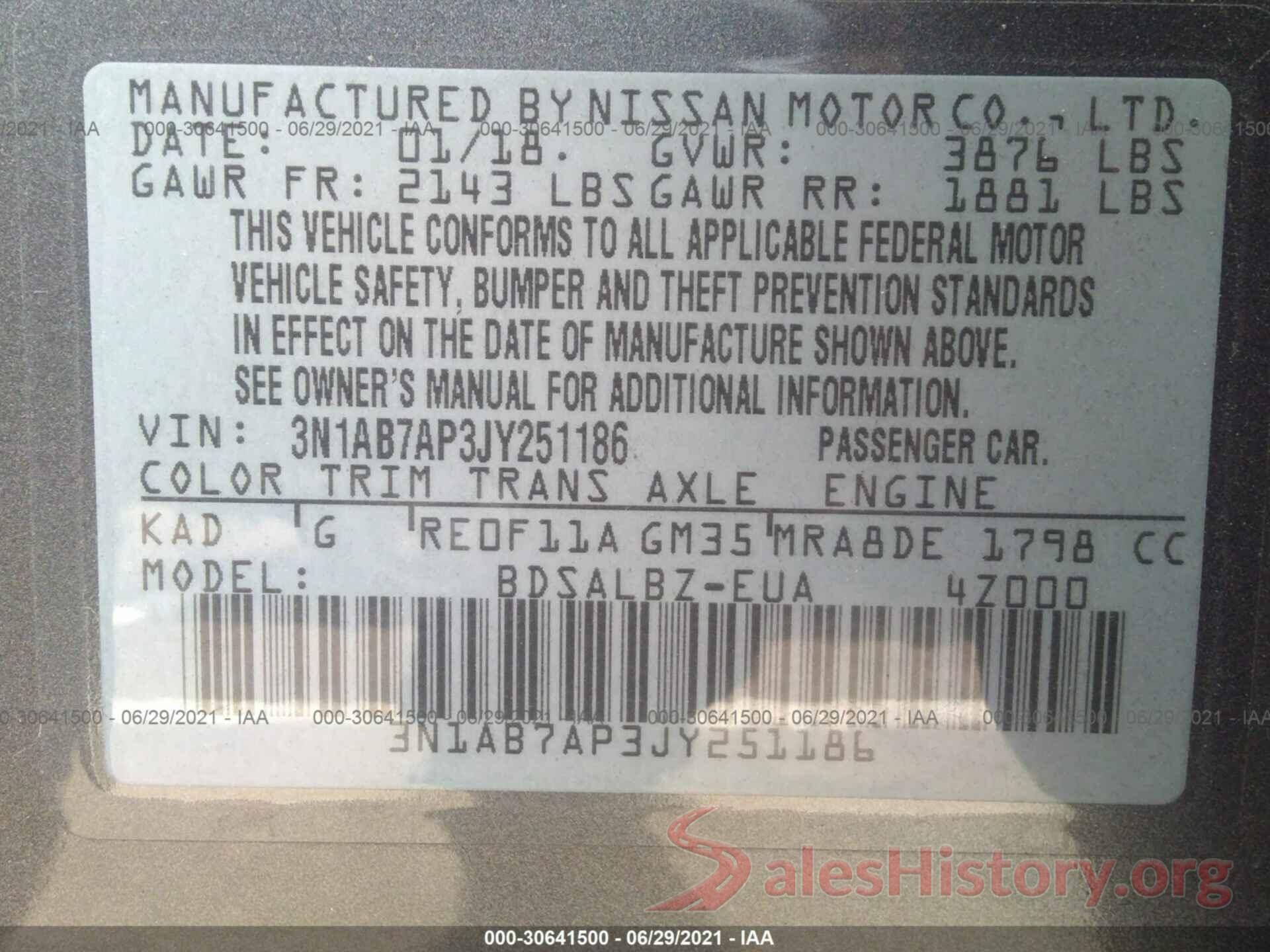 3N1AB7AP3JY251186 2018 NISSAN SENTRA