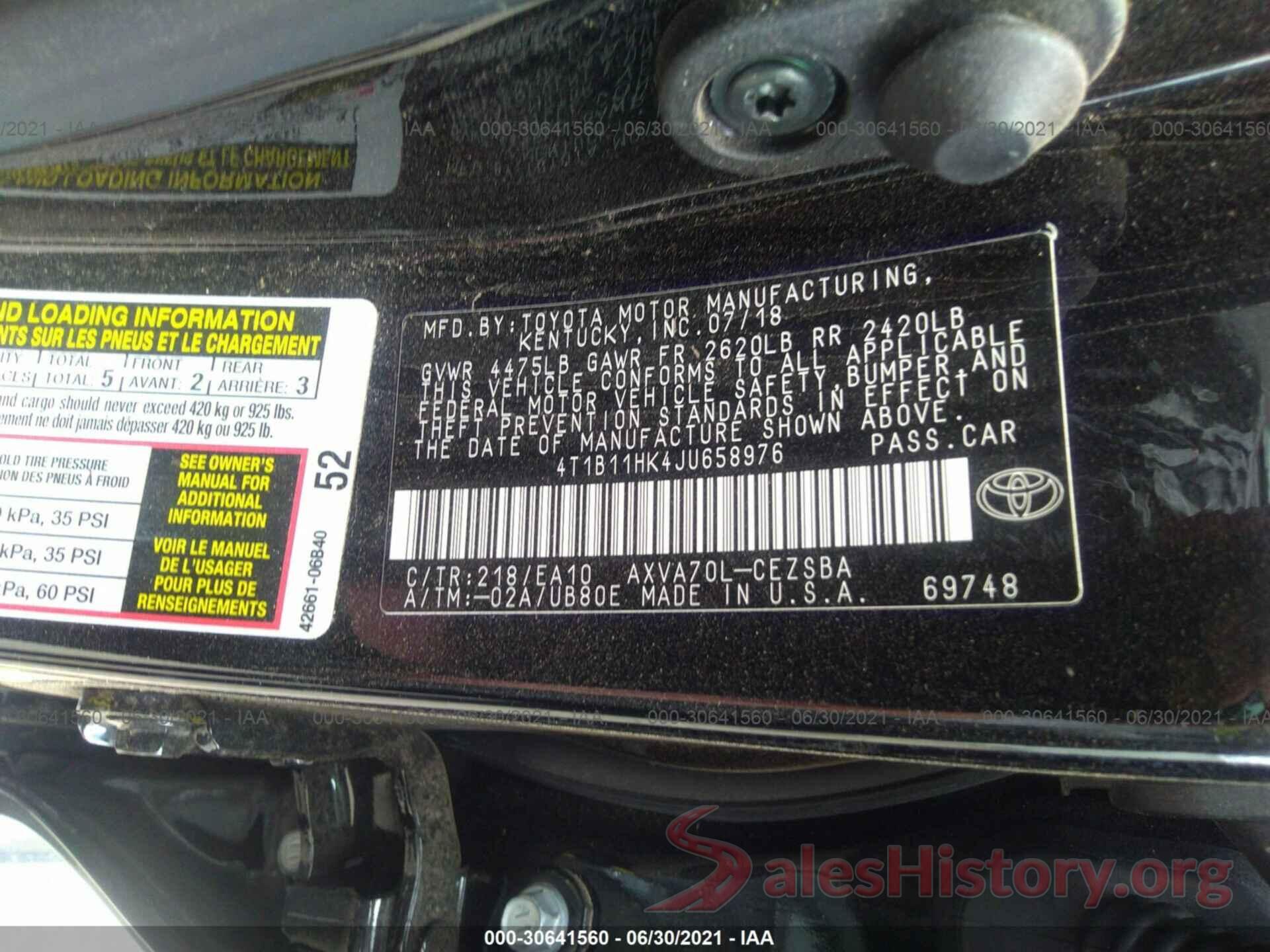 4T1B11HK4JU658976 2018 TOYOTA CAMRY