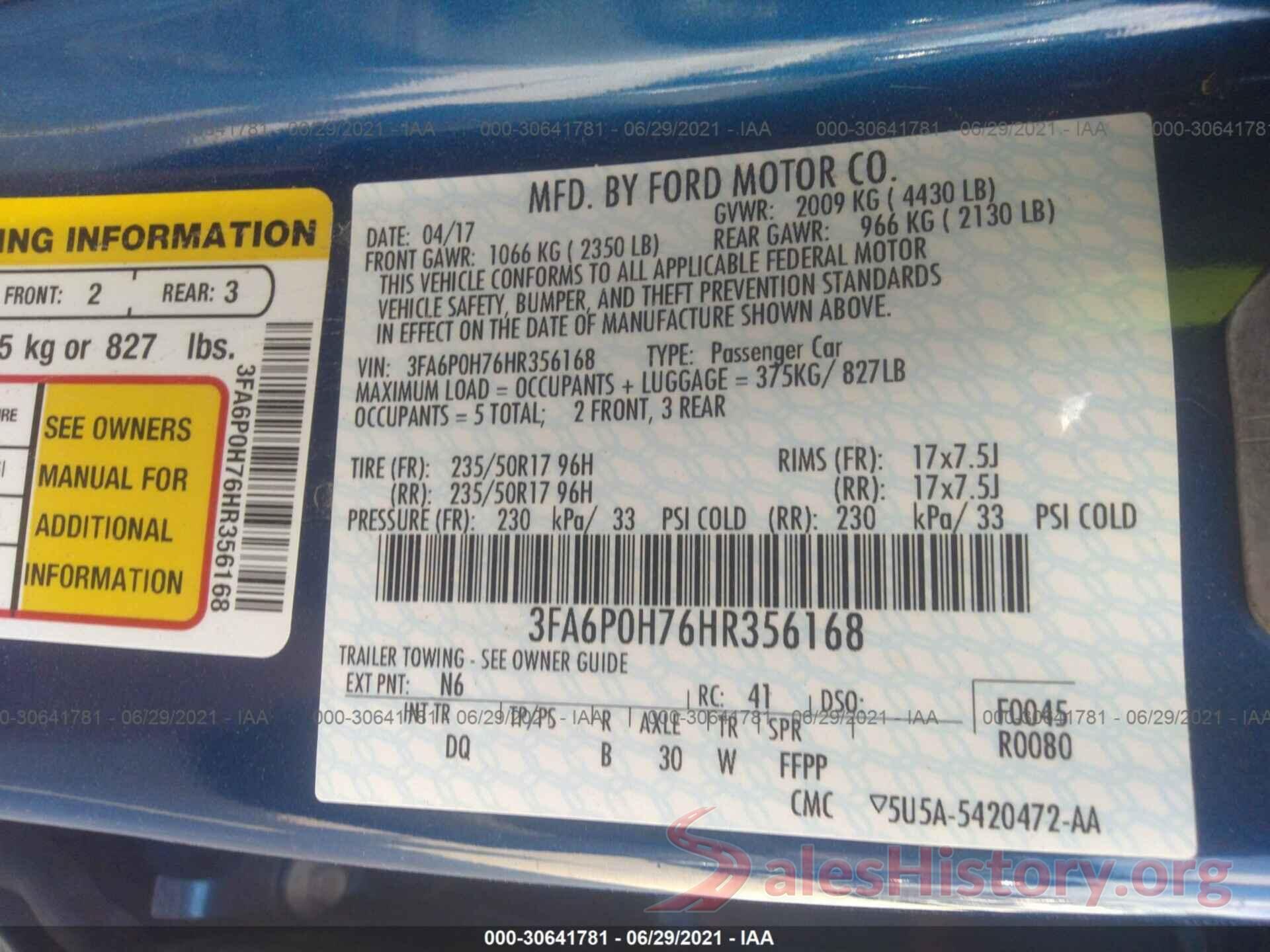 3FA6P0H76HR356168 2017 FORD FUSION