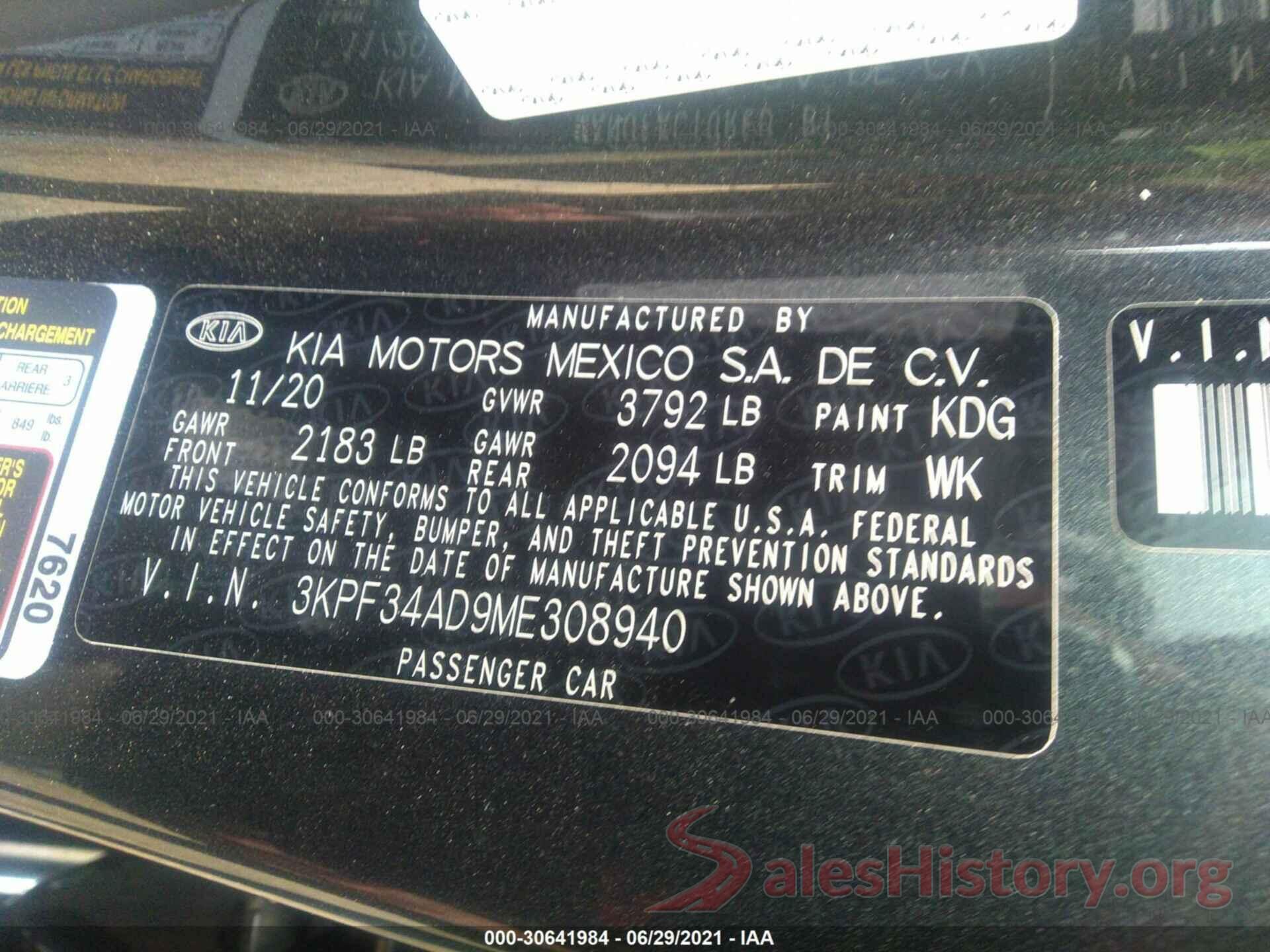 3KPF34AD9ME308940 2021 KIA FORTE