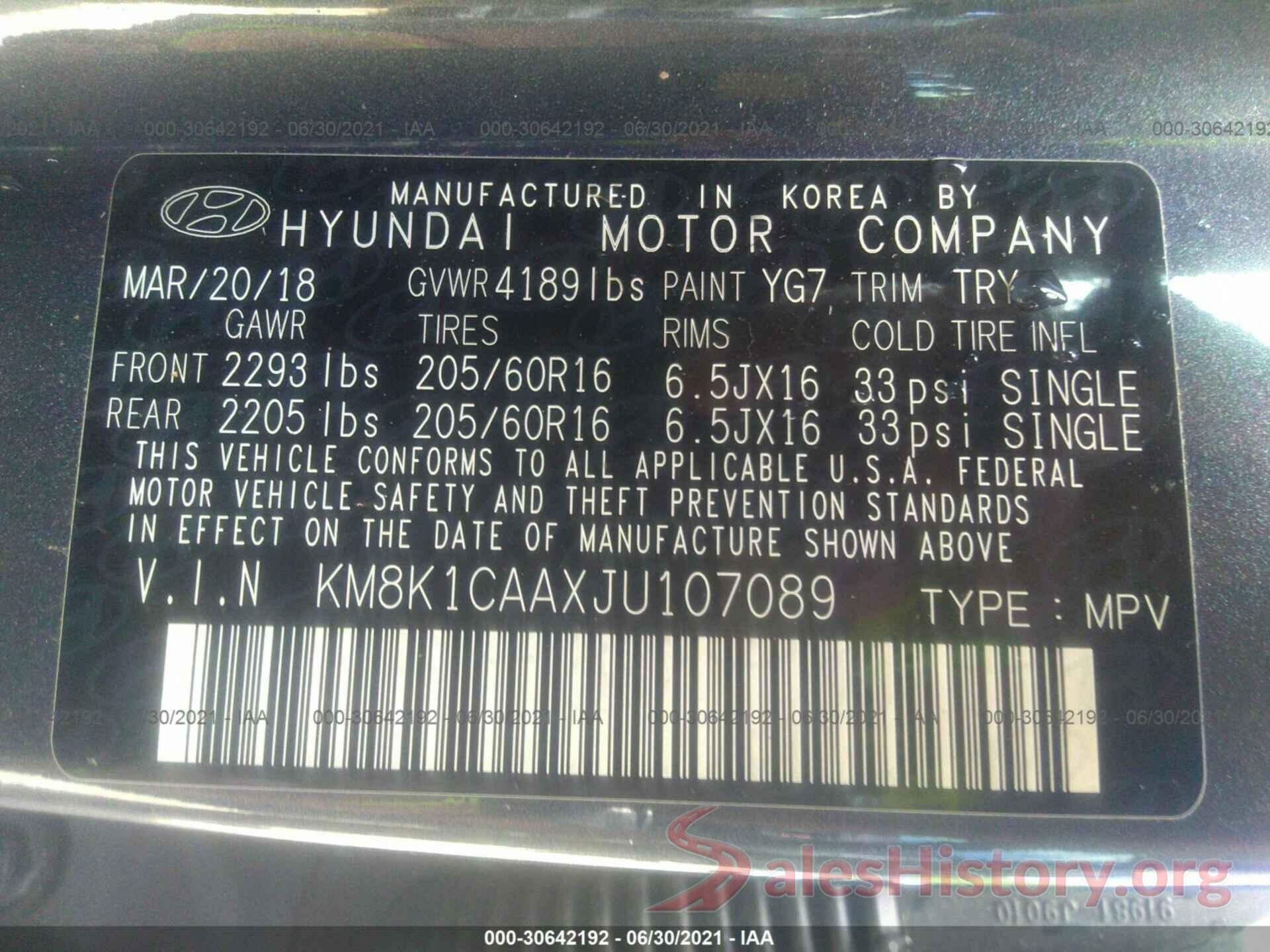 KM8K1CAAXJU107089 2018 HYUNDAI KONA