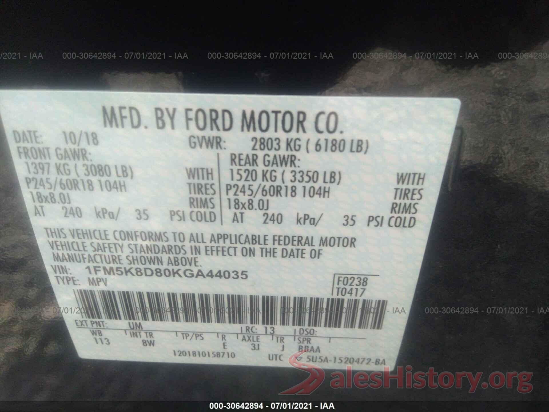 1FM5K8D80KGA44035 2019 FORD EXPLORER