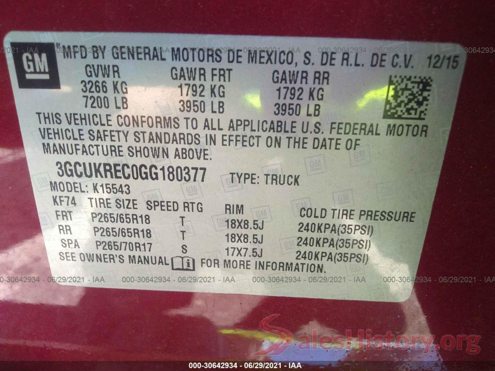 3GCUKREC0GG180377 2016 CHEVROLET SILVERADO 1500