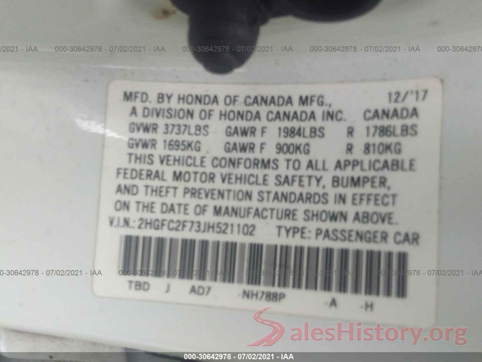 2HGFC2F73JH521102 2018 HONDA CIVIC SEDAN