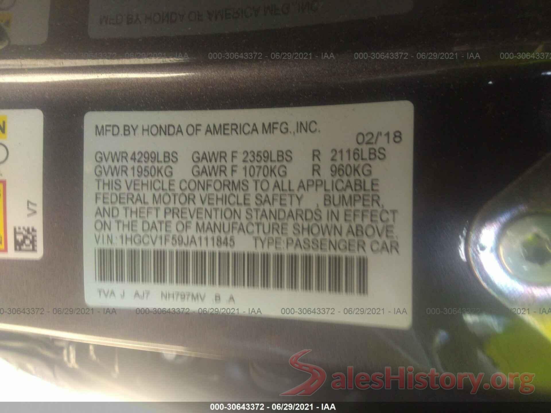 1HGCV1F59JA111845 2018 HONDA ACCORD SEDAN