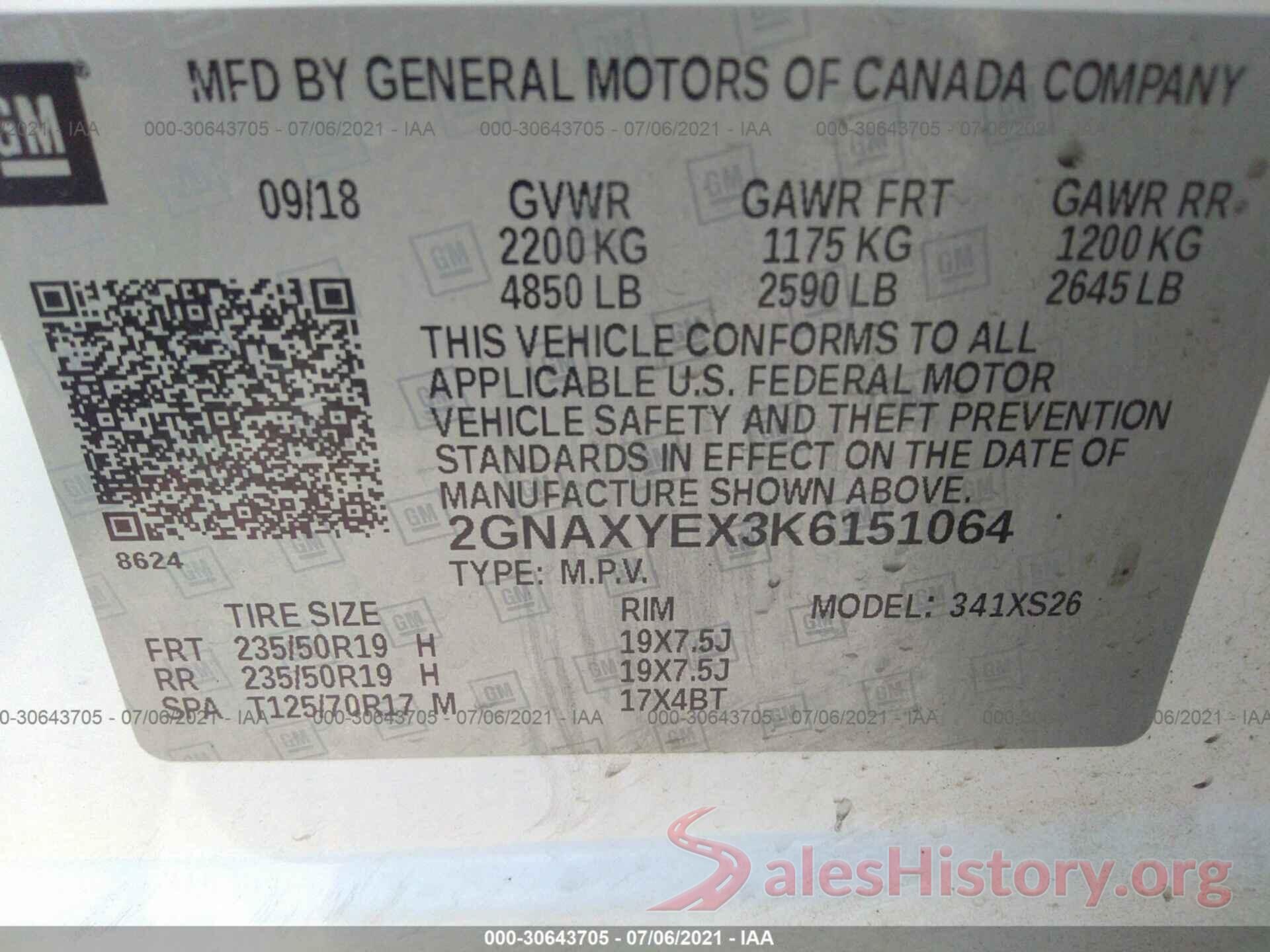 2GNAXYEX3K6151064 2019 CHEVROLET EQUINOX