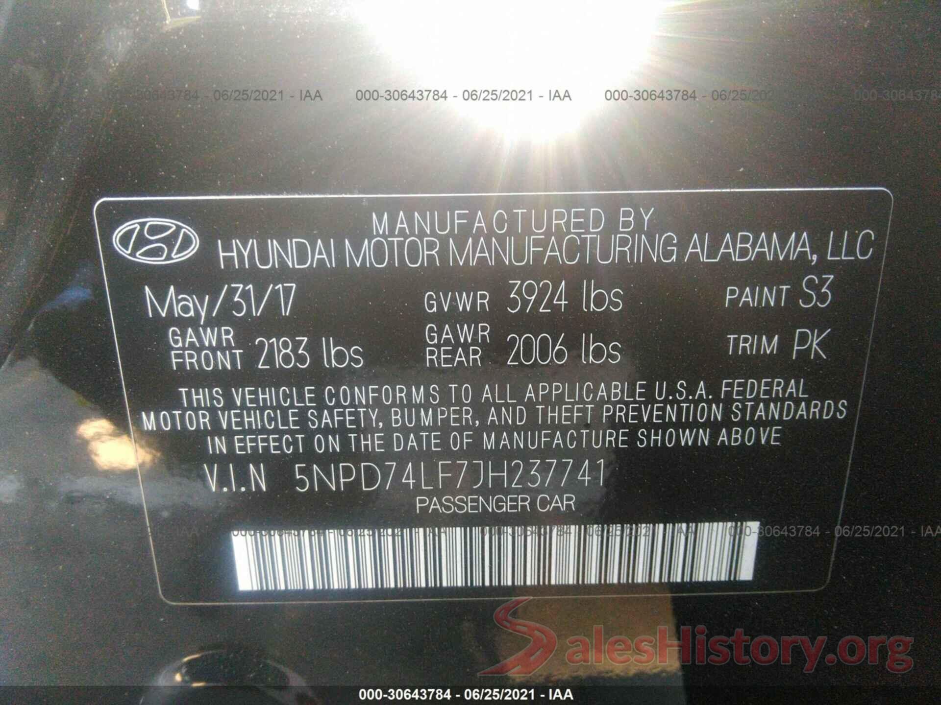 5NPD74LF7JH237741 2018 HYUNDAI ELANTRA